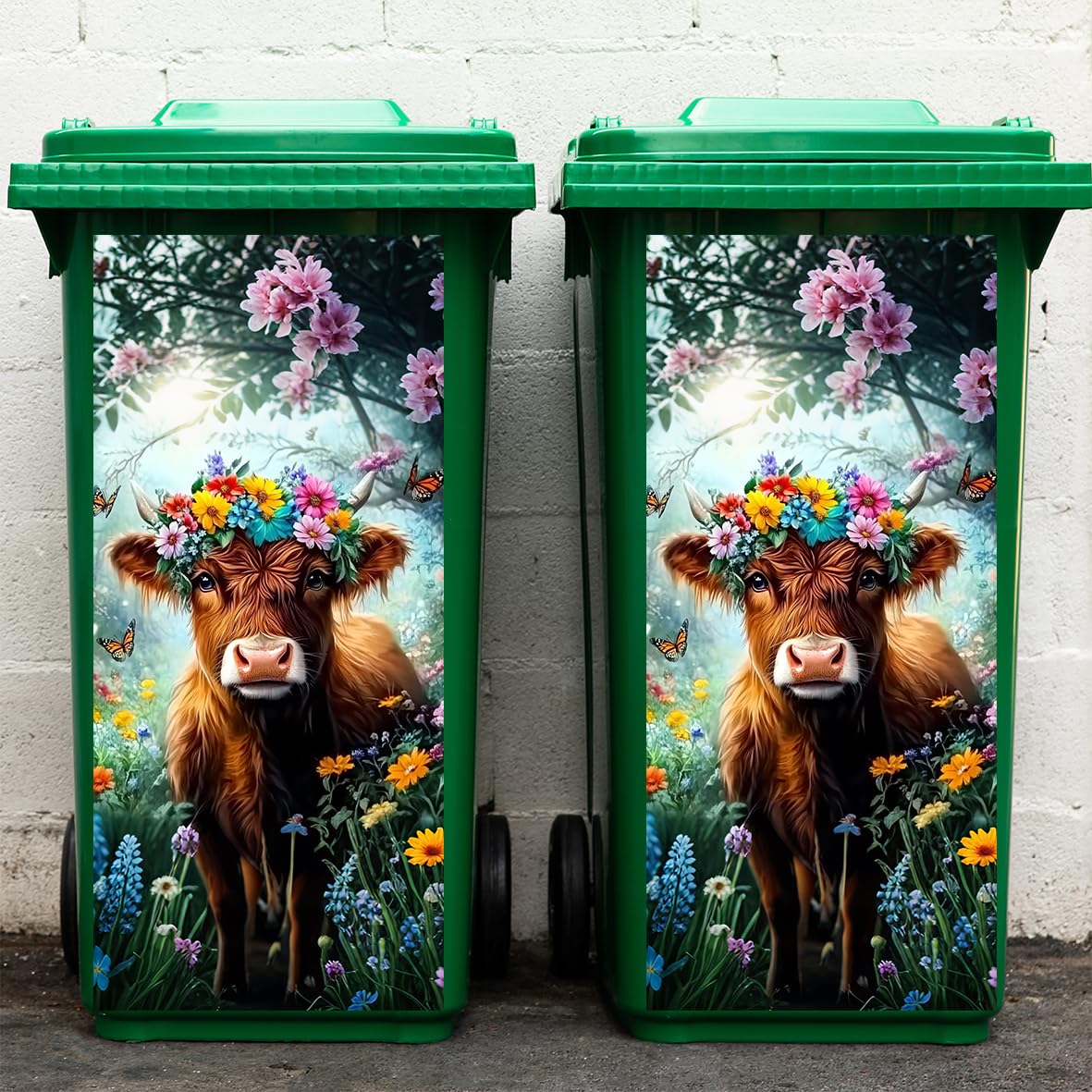 Iprokiu 2pcs Cow Sheep Wheelie Bin Sticker Animal Flower Decal for Trash Can Home Wall Decal Indoor Outdoor Garden Patio Decor Self Adhesive Animal Dustbin Sticker 32.28" x 14.57" (Cow)