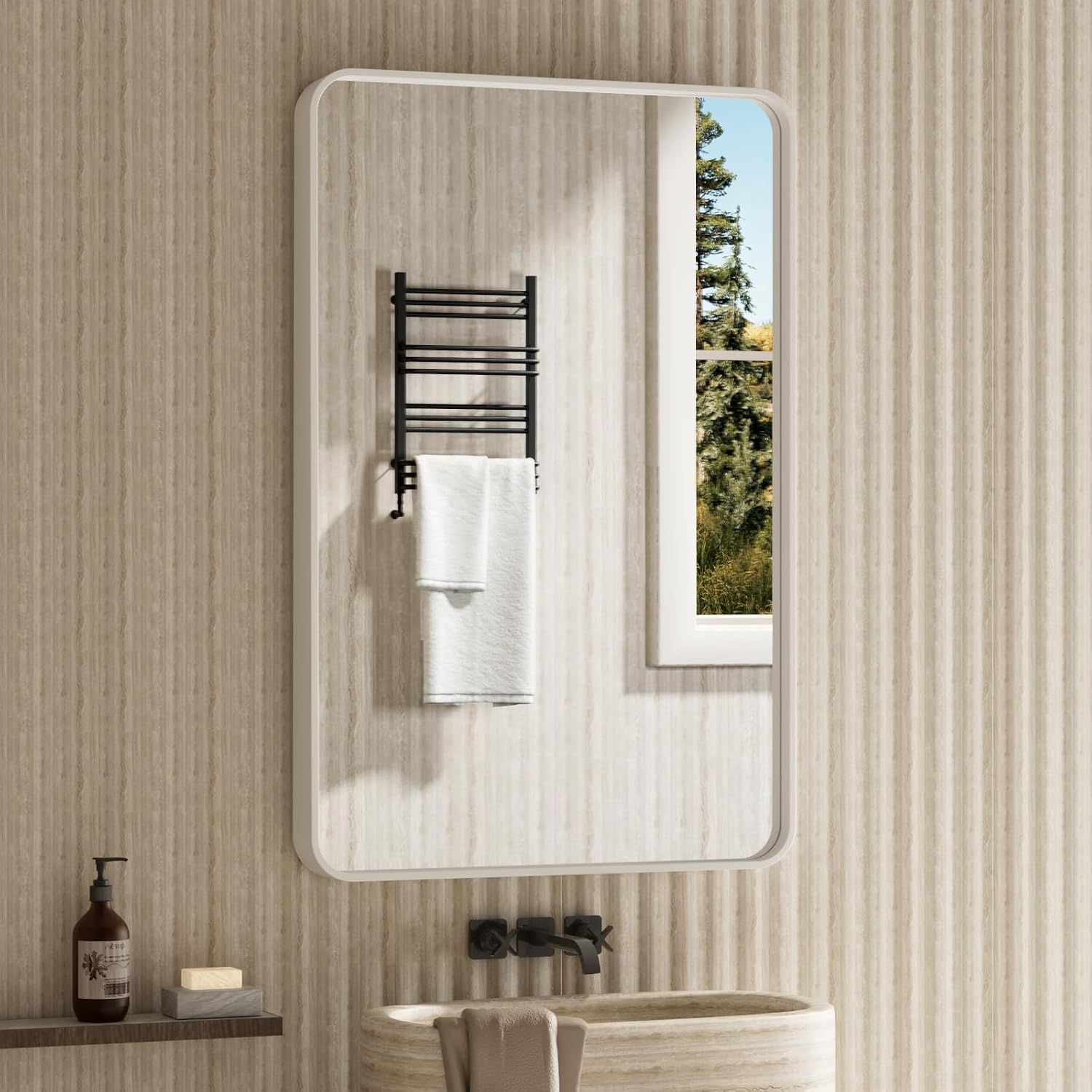 White Bathroom Mirror, 20 x 30 Inch Wall Mounted Vanity Mirror with Rounded Corner Metal Framed, Tempered Glass, Anti-Rust(Horizontal/Vertical) White 20"x30"