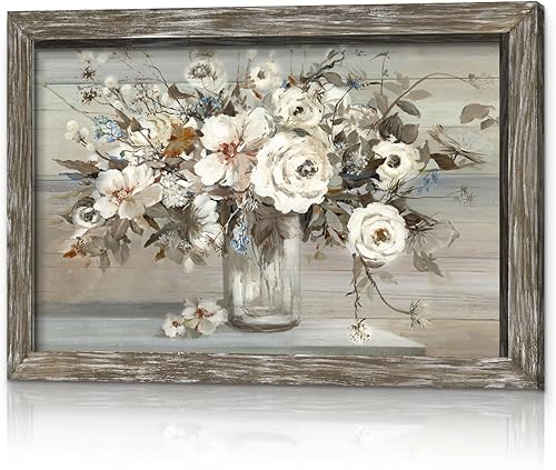 Miniatura 11 de Arte de pared enmarcado con ramo de rosas, pintura floral abstracta rústica marrón en florero, impresiones botánicas, obras de arte de madera