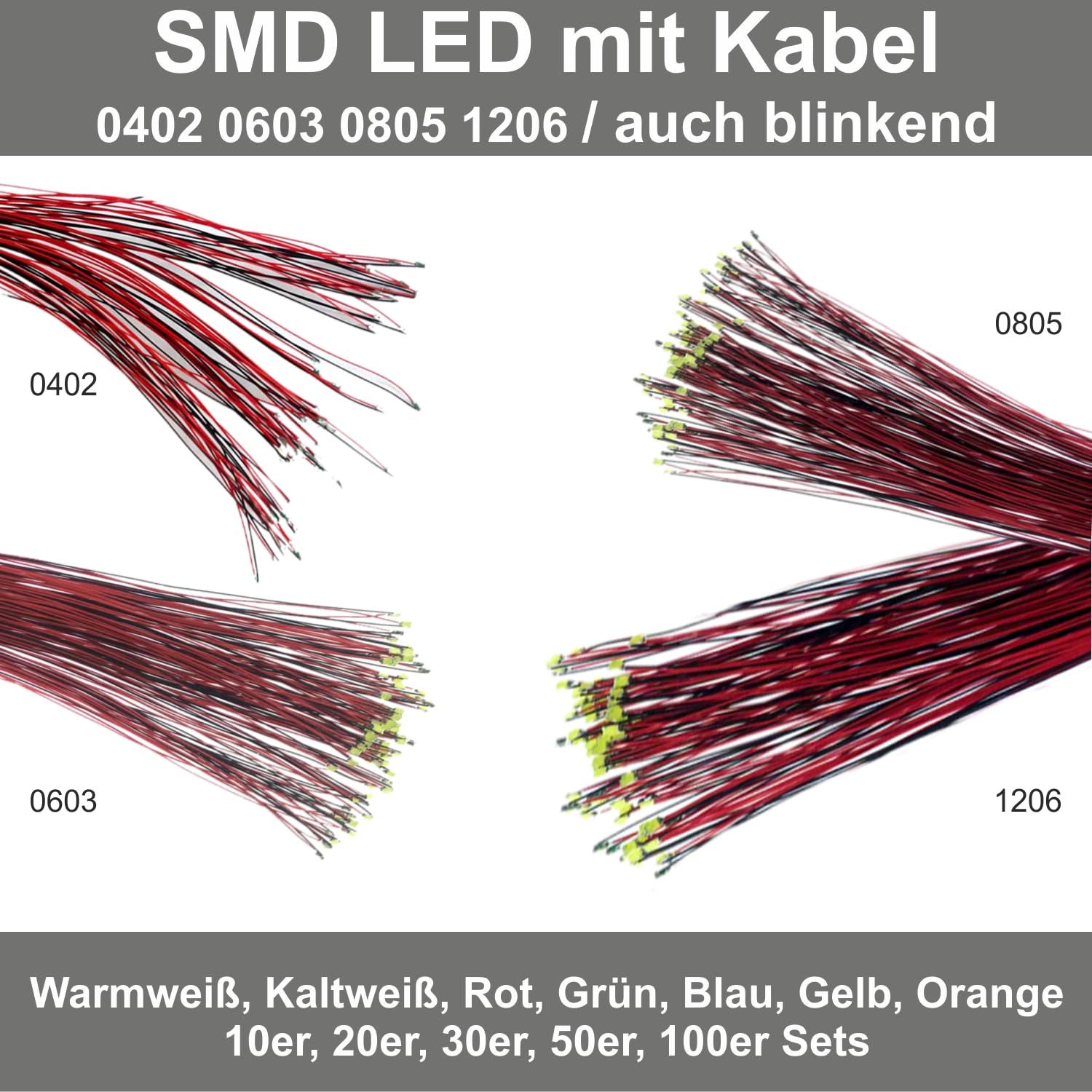 Overdrive-Racing SMD LED 2,8v-3,4v - 0402 0603 0805 1206 - mit Kabel 30cm Mikrolitze Verlötet Verkabelt - Modellbau Beleuchtung, SMD Farbe:0805 Rot blinkend, SMD Menge:100 Stück