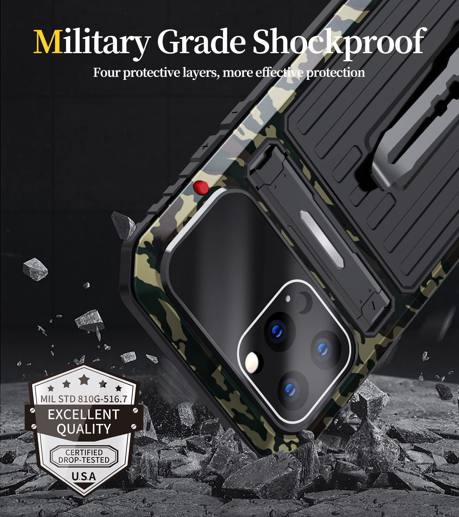 Caso para iPhone 14/14 Plus/14 Pro/14 Pro MAX, Caja de Armadura de Servicio Pesado de Grado Militar con Soporte Invisible y Protector de Pantalla, Cubierta Posterior a Prueba de Agua