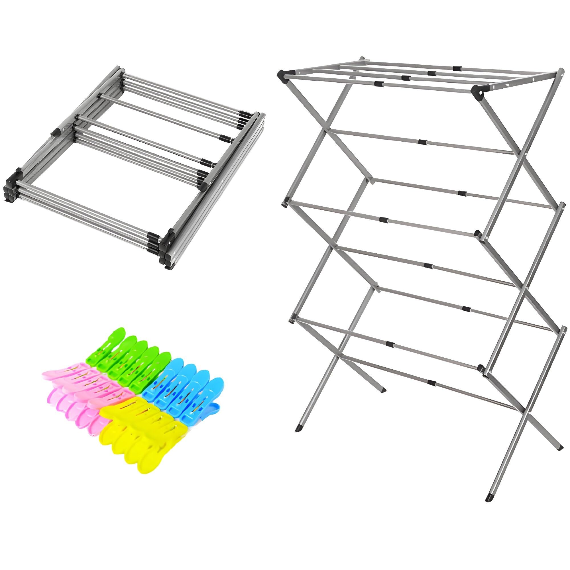 Gray And Black Best Stainless Steel Drying Rack, 3-Tier Expandable & Foldable Drying Rack With 20 Clips. Best Clothes Airer, With Laundry Pegs & Clips.