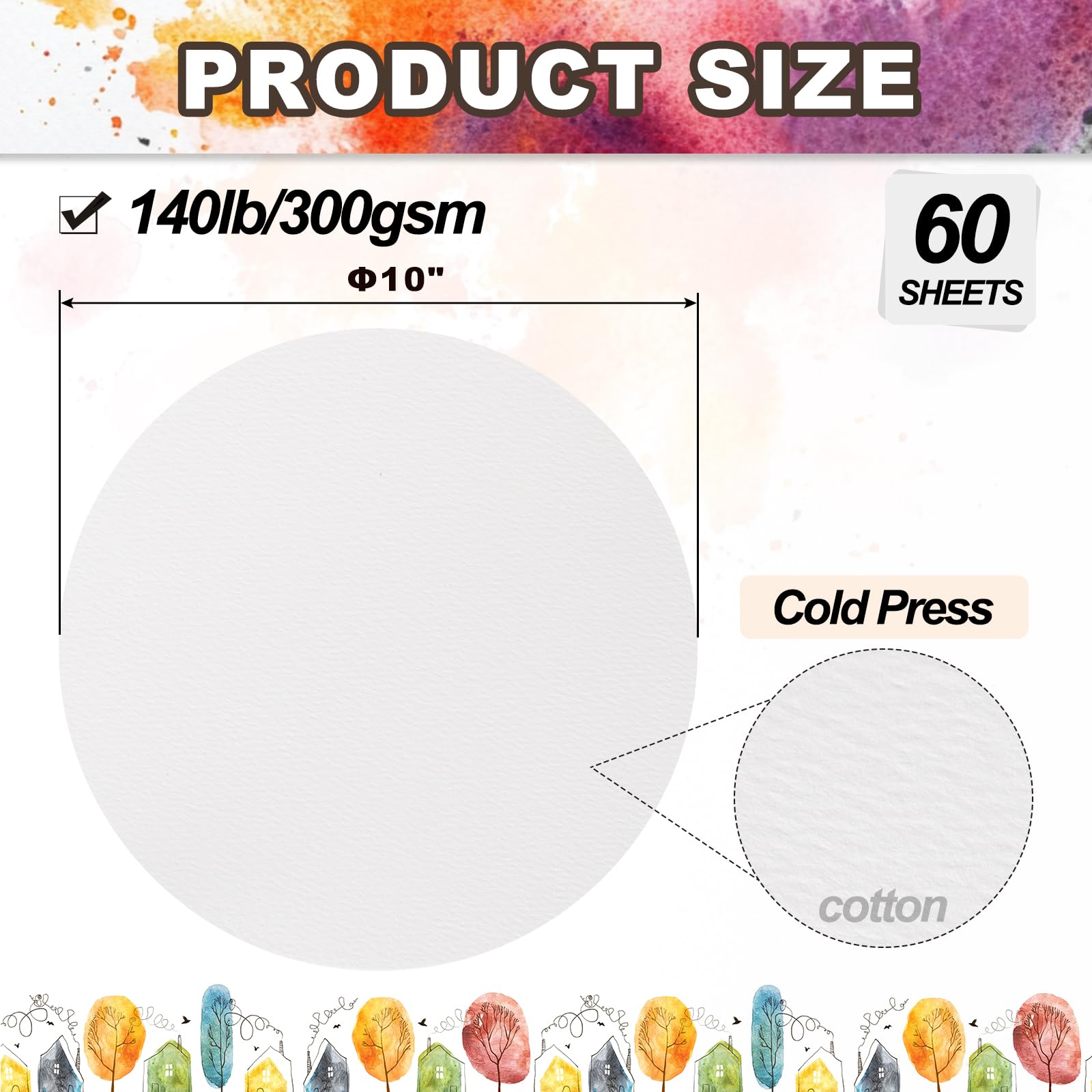 PATIKIL 60 Fogli Carta Acquerello Cotone Tonda 140lb/300 GSM Pressata | a Freddo, per Pittura Acquerello Disegno Artistico Artista, 10 Pollici