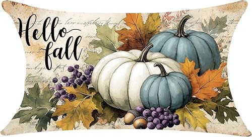 Funda de almohada decorativa rectangular de lino y algodón, diseño de acuarela, azul, verde, marrón, calabaza, otoño, hogar, sofá, silla, cama,