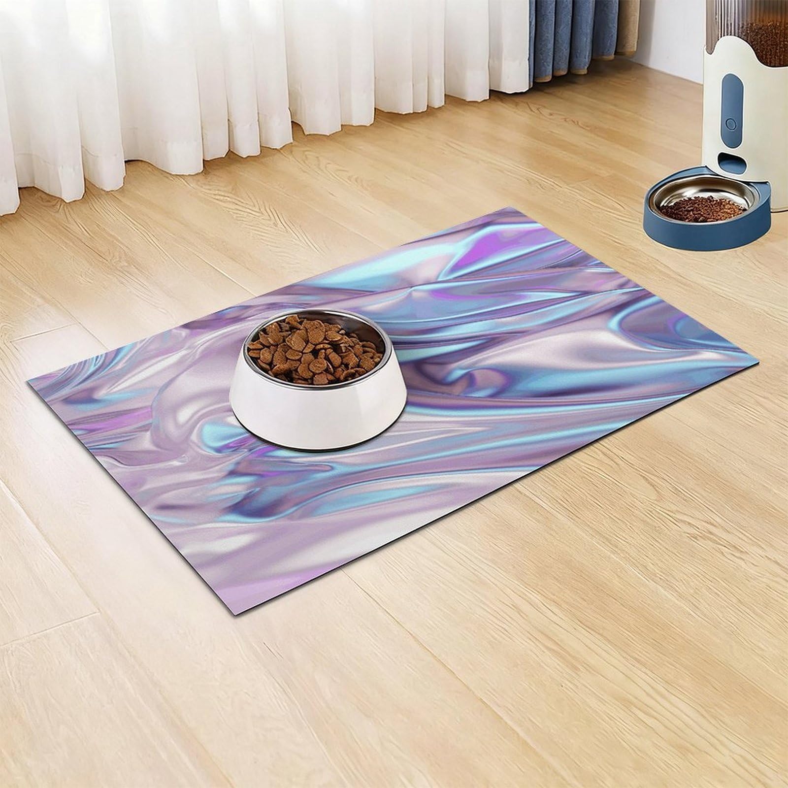 Tapis de nourriture pour chat à texture argentée brillante – Tapis d'alimentation antidérapant pour chien facile à nettoyer pour la nourriture et l'eau, tapis de gamelle pour chien et chat 43,2 x 76,2