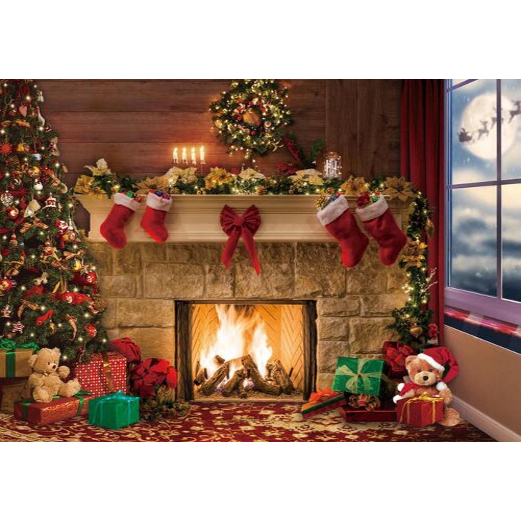10x8ft Christmas Fireplace Photography Backdrop - Xmas Window Snowflake Holiday Background