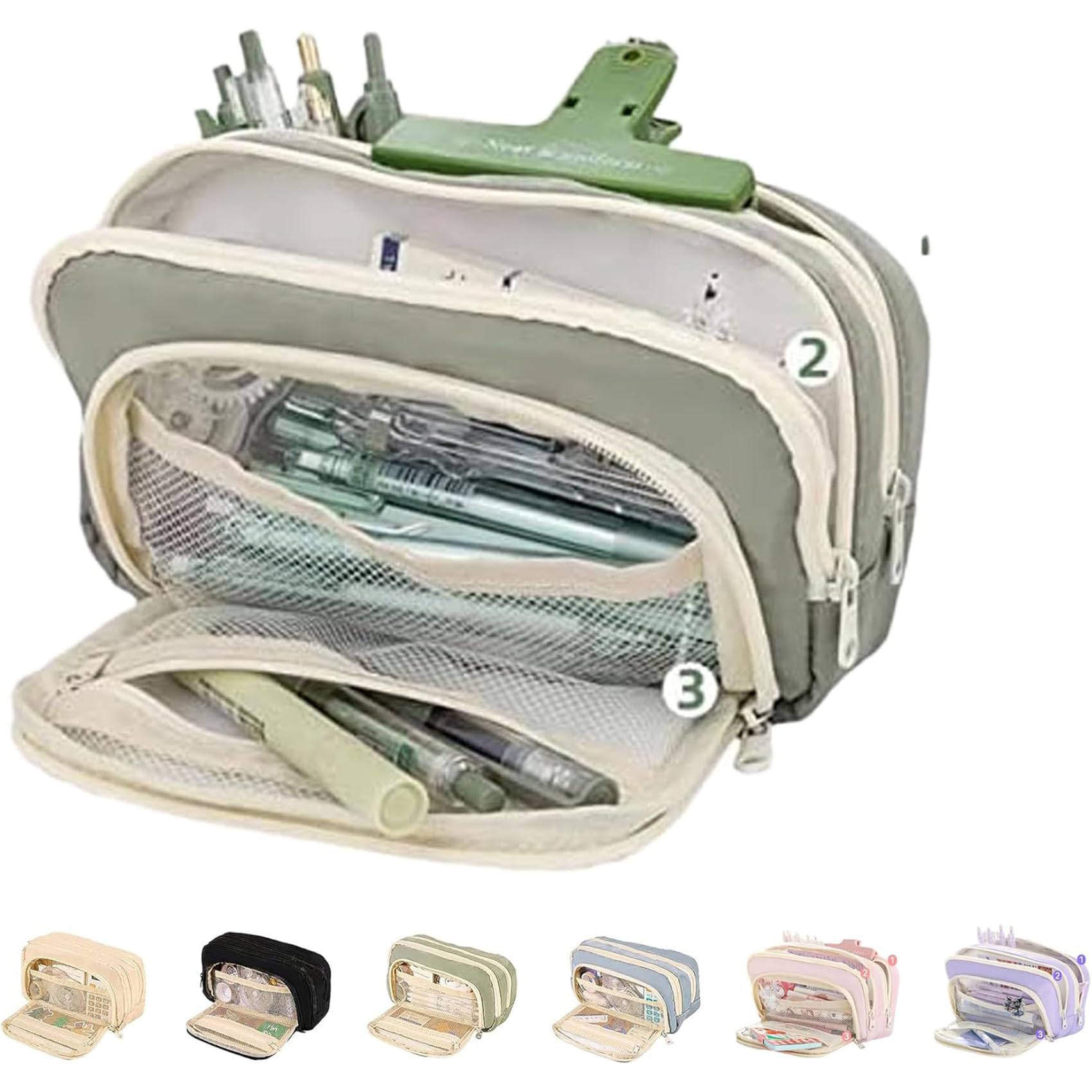 Big Capacity Pencil Case, 3 Compartments Large Pencil Pouch, Simple Pencil Holder Pouch Pencil Pouch Organizer Pen Cases, Pen Bag Pencil Box Holder Organizer (Green)