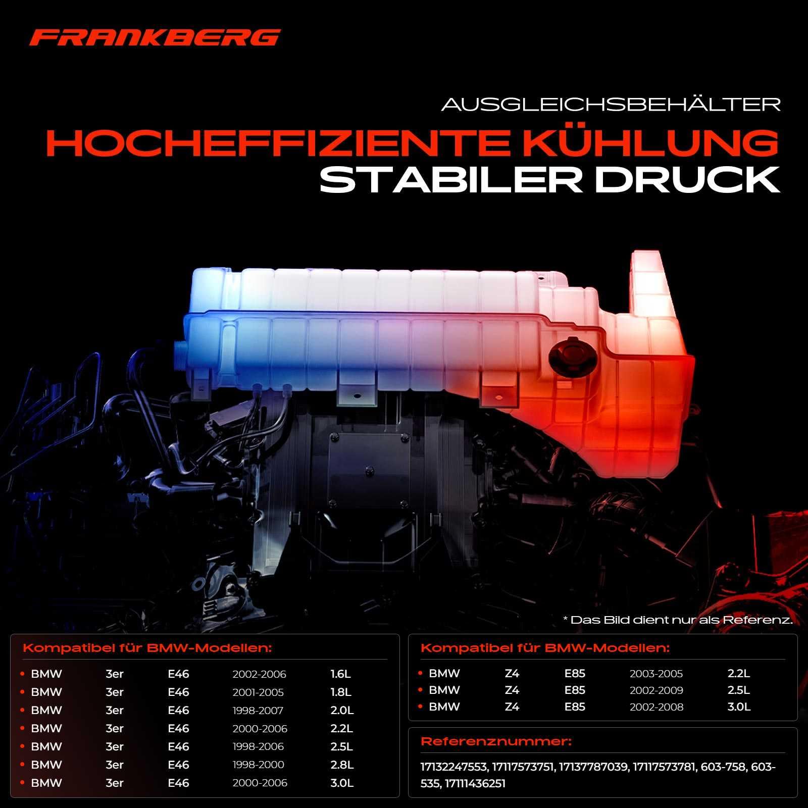 Frankberg 2x Staffa+Serbatoio di Espansione Refrigerante Intestazione Serbatoio Raffreddamento Cambio automatico per Serie 3 E46 320i 323i 325i 328i 330i Z4 E85 Benzina 1998-2006 17111436251