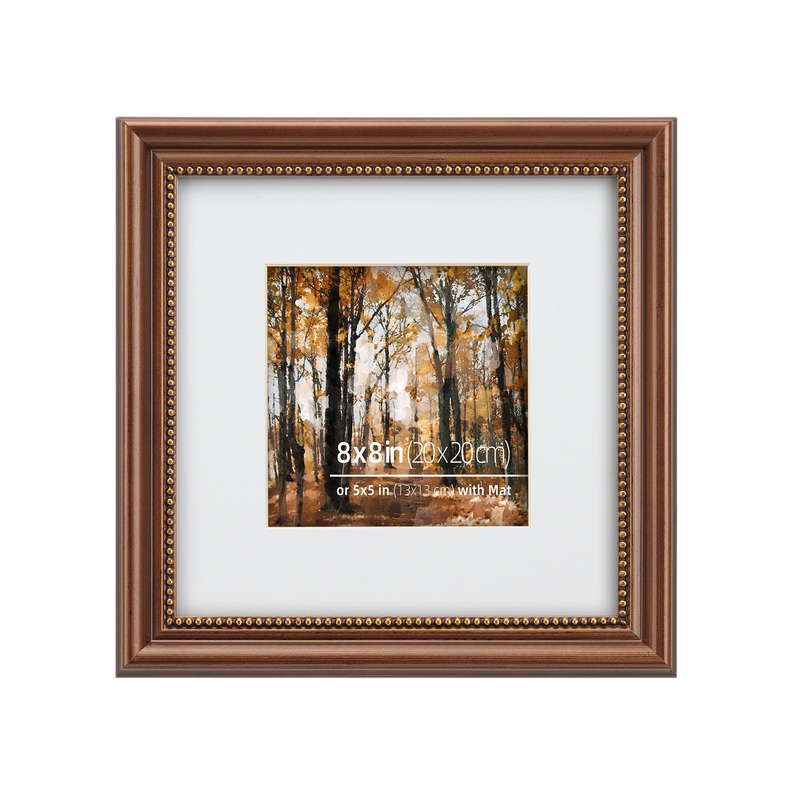 Eitida 8x8 in Wood Classic Ornate Picture Frame, Distressed Gold Ornate Beaded Inner, Matted for 5x5 Photo, Tabletop or Wall Mount Display, Brushed Dark Brown