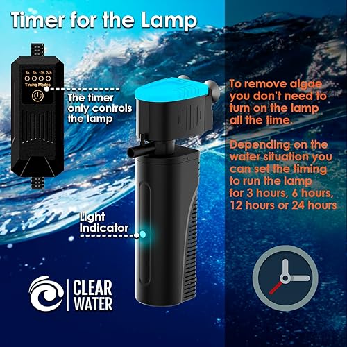 Miniatura 6 de Filtro de acuario U - V con temporizador (361224 horas) para limpieza de agua verde, filtro de tanque de peces con modo de aireación y lluvia,