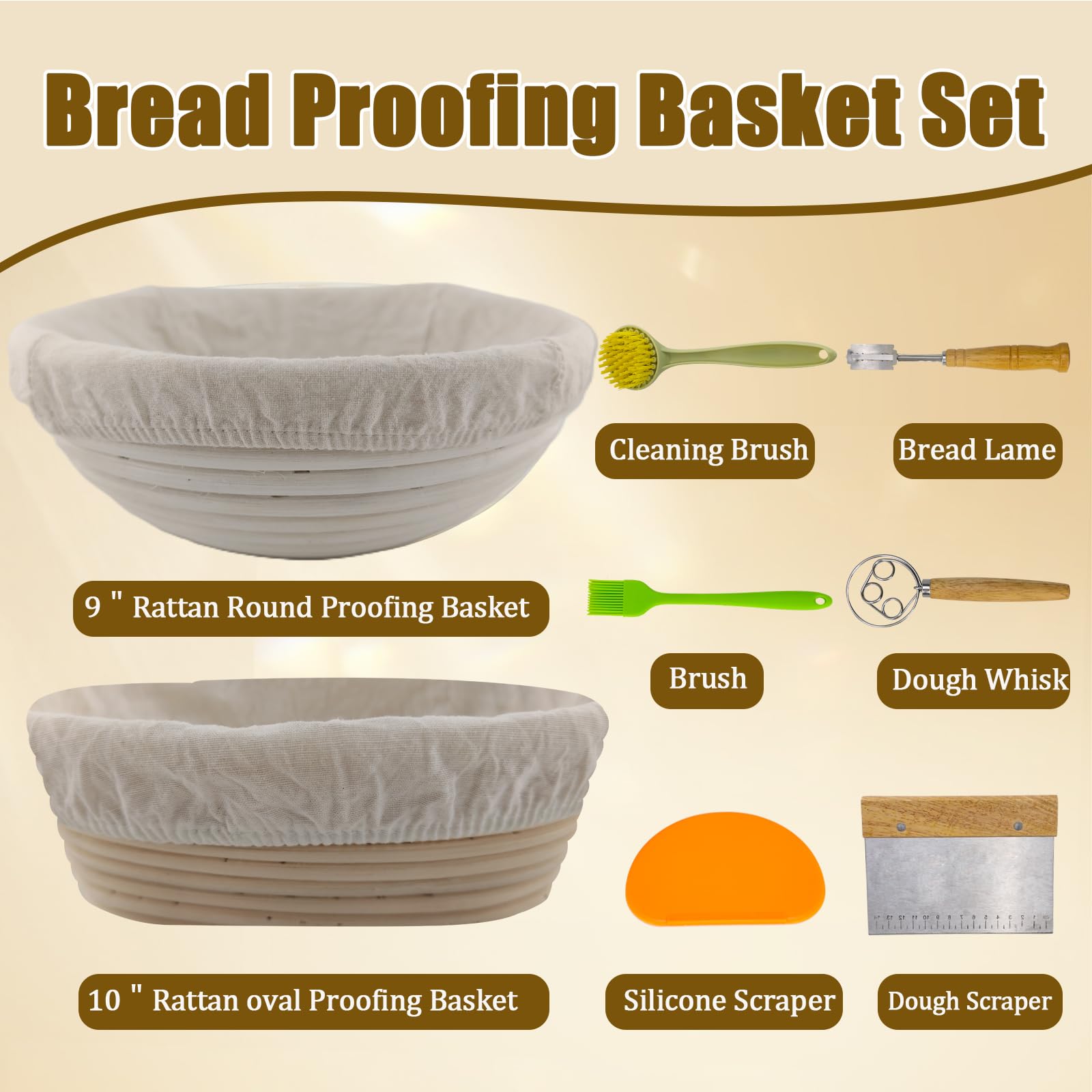 Ensemble de panier à pain rond et ovale, rotin 100 % naturel, kit de fabrication de pain au levain avec doublure en tissu, lame, fouet à pâte, grattoirs et brosse. Kit de démarrage au levain