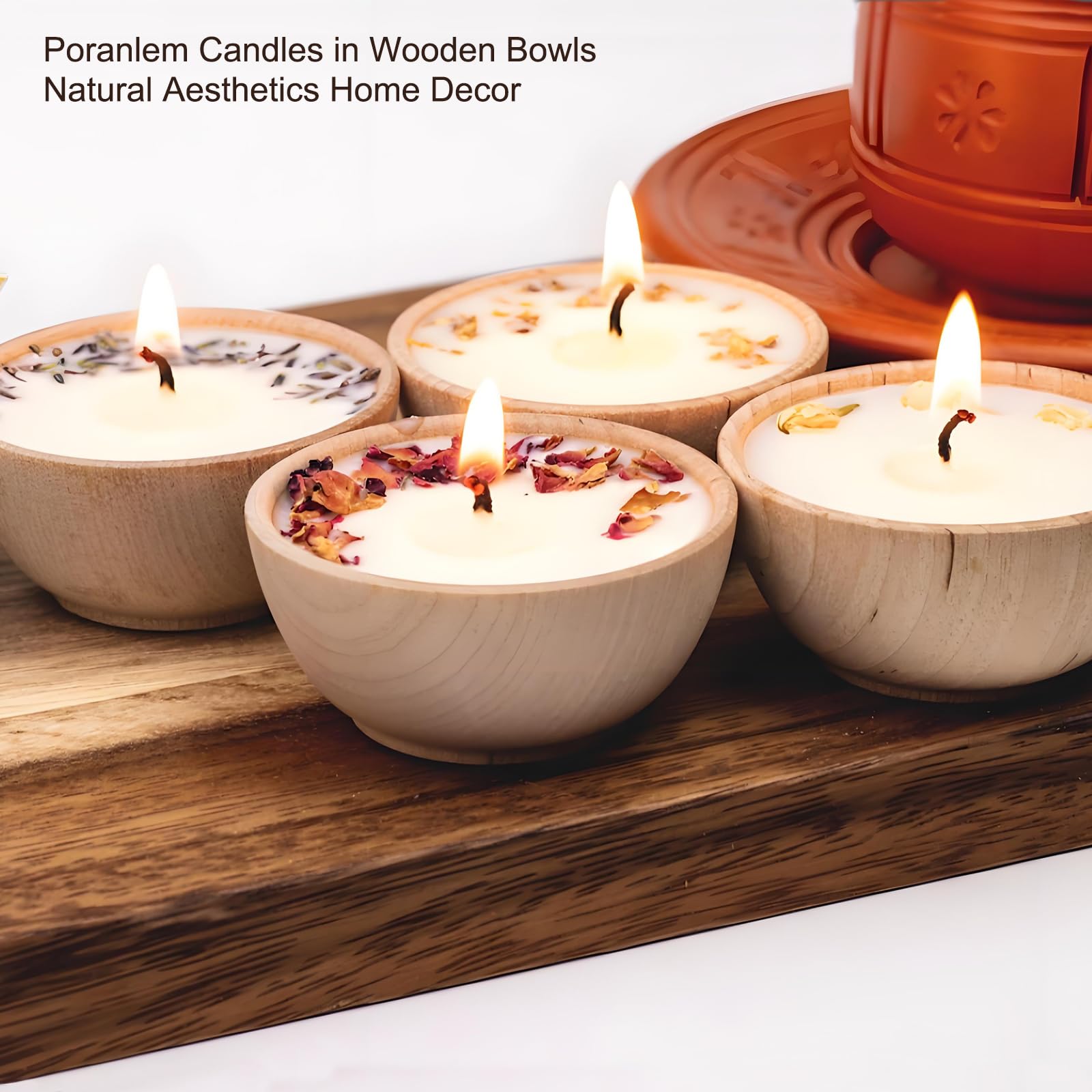 Poranlem Decorative Soy Wax Candles in Wooden Bowls Set of 4 Aromatherapy Candles with Dried Flowers Lavender Rose Handmade Bohemian Style Natural Aesthetics Home Decor