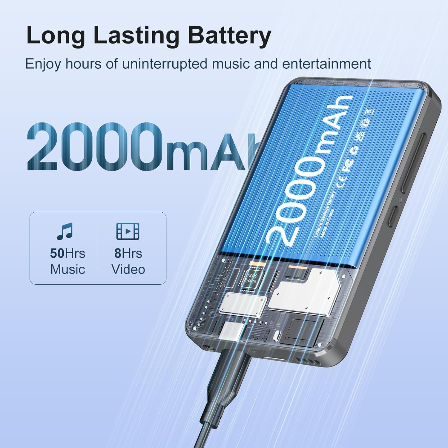 MECHEN H1 Pro MP3 Player showing 2000mAh battery capacity with 50 hours music playback and 8 hours video playback