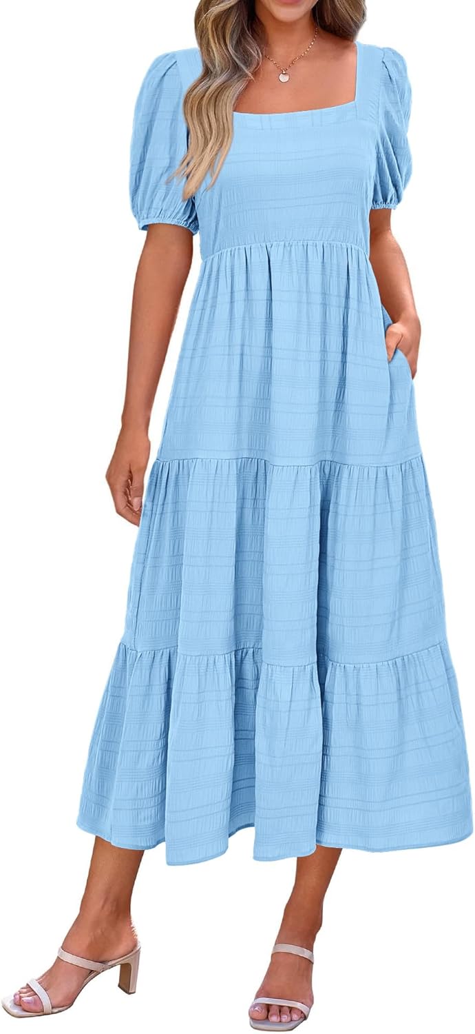 PRETTYGARDEN Women's Summer Dresses 2026 Puff Sleeve Square Neck High Waist Smocked A-Line Flowy Loose Fit Midi Dress