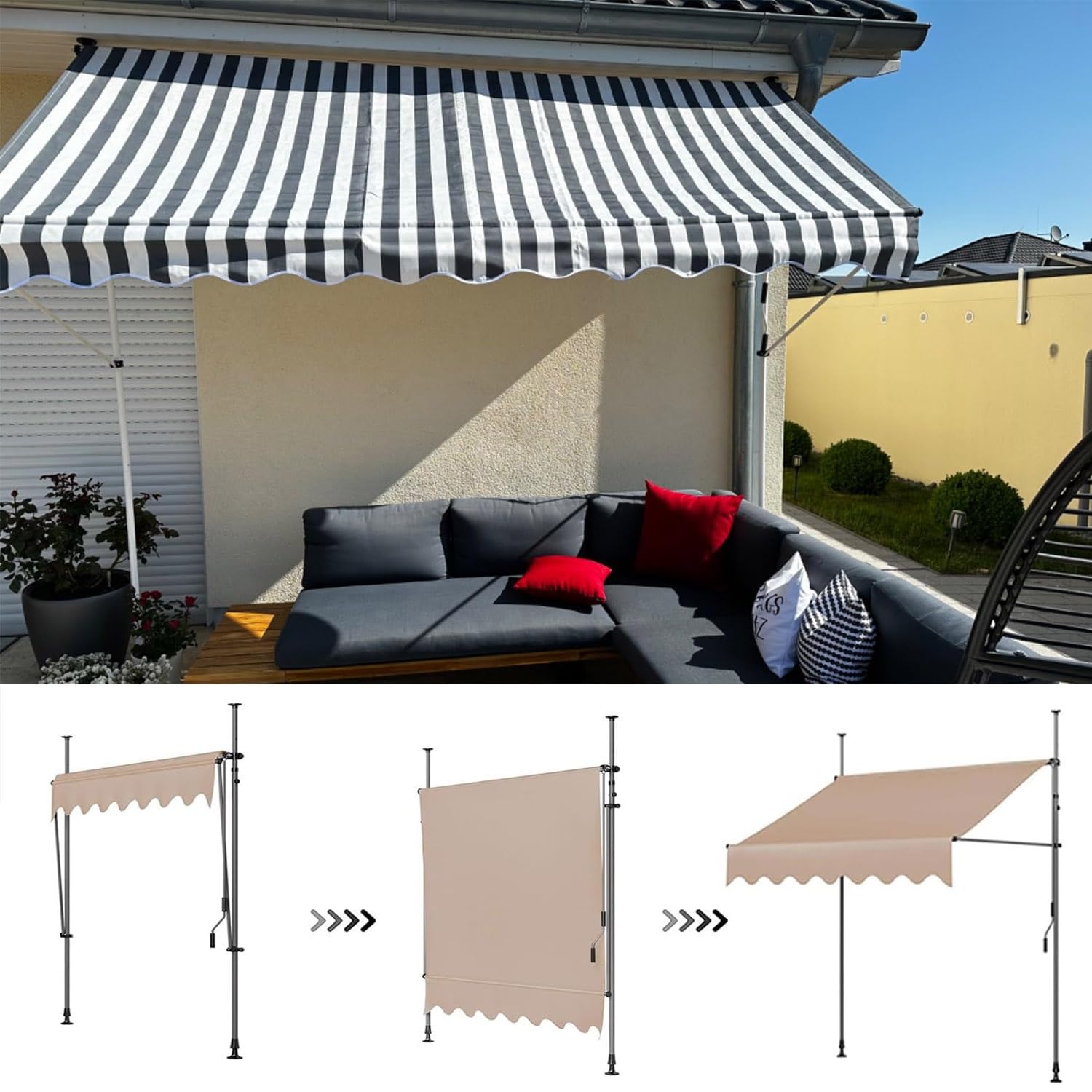 Amazon.de: Manuell einziehbare Markise fr Terrasse, Sonnenschutz, 3 m,  verstellbare Pergola, Schattenabdeckung fr Hinterhof, Garten, Balkon, ohne  ...