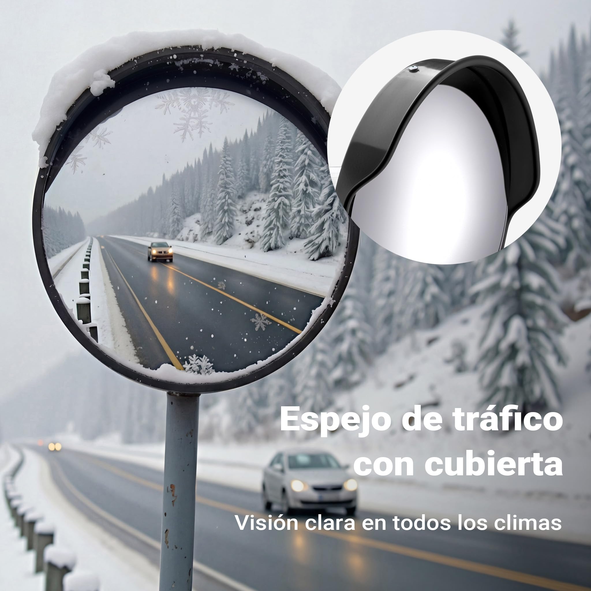 Wiltec Espejo de tráfico convexo 80 cm con cubierta protectora, color negro, espejo de seguridad redondo con campo de visión de 130°, diseño convexo para salidas, material de montaje incluido
