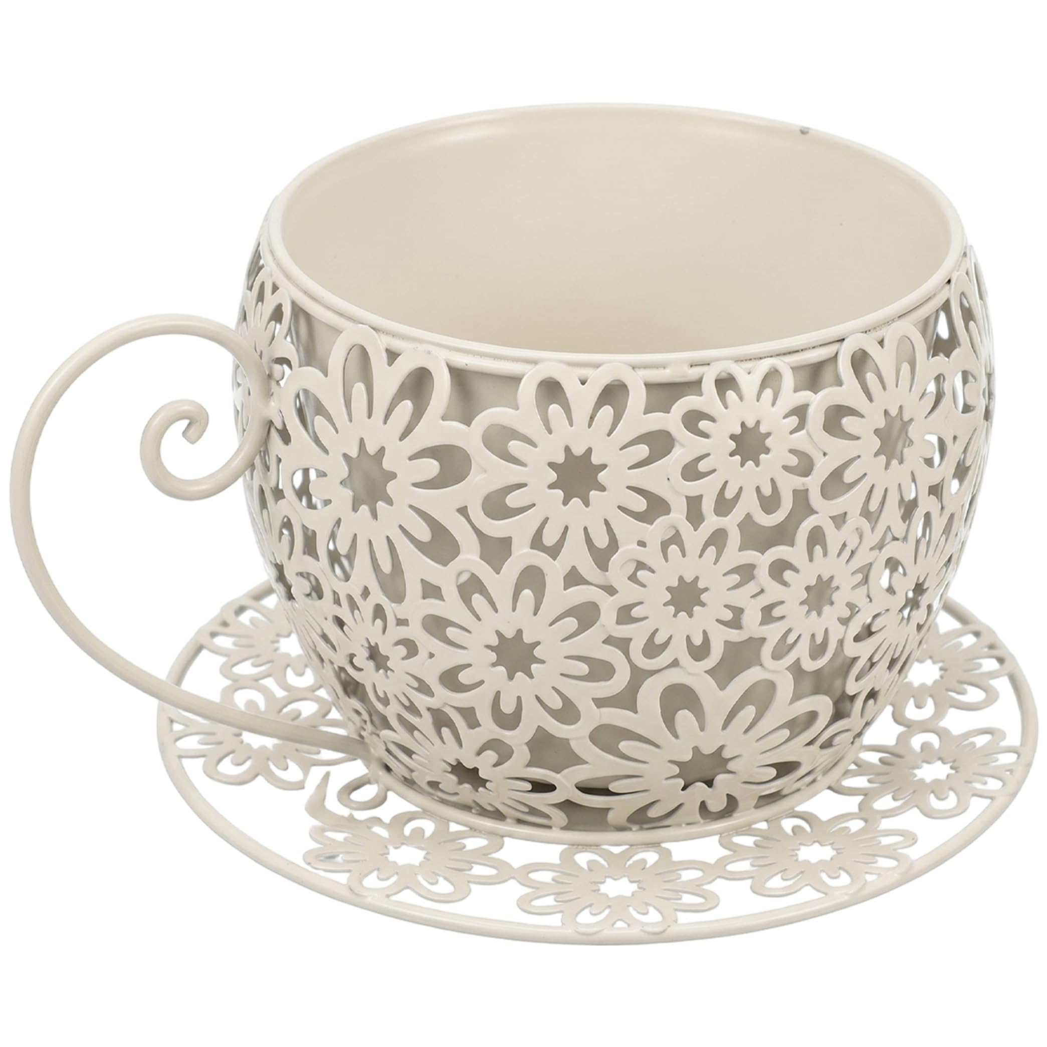 Bemonew Teacup Planter, Exquisite Unique Plant Pots Coffee Cup Succulent Planter with Hollow Floral Design Iron Teacup for Indoor Outdoor Decor, White