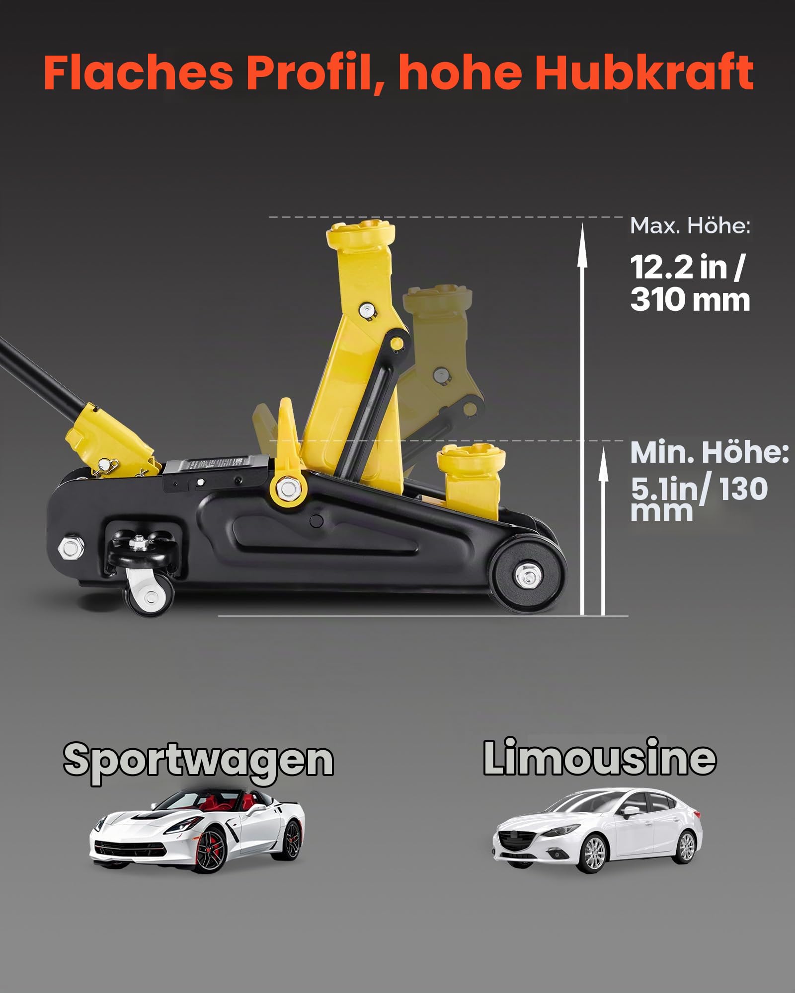 VEVOR Rangierwagenheber Wagenheber mit niedrigem Profil & 360° Rollen 1,5 t, Einzelkolben-Schnellhubpumpe, 13-31 cm Hubhöhe, hydraulische Wagenheber für Sportwagen, Limousinen Gelb + Schwarz
