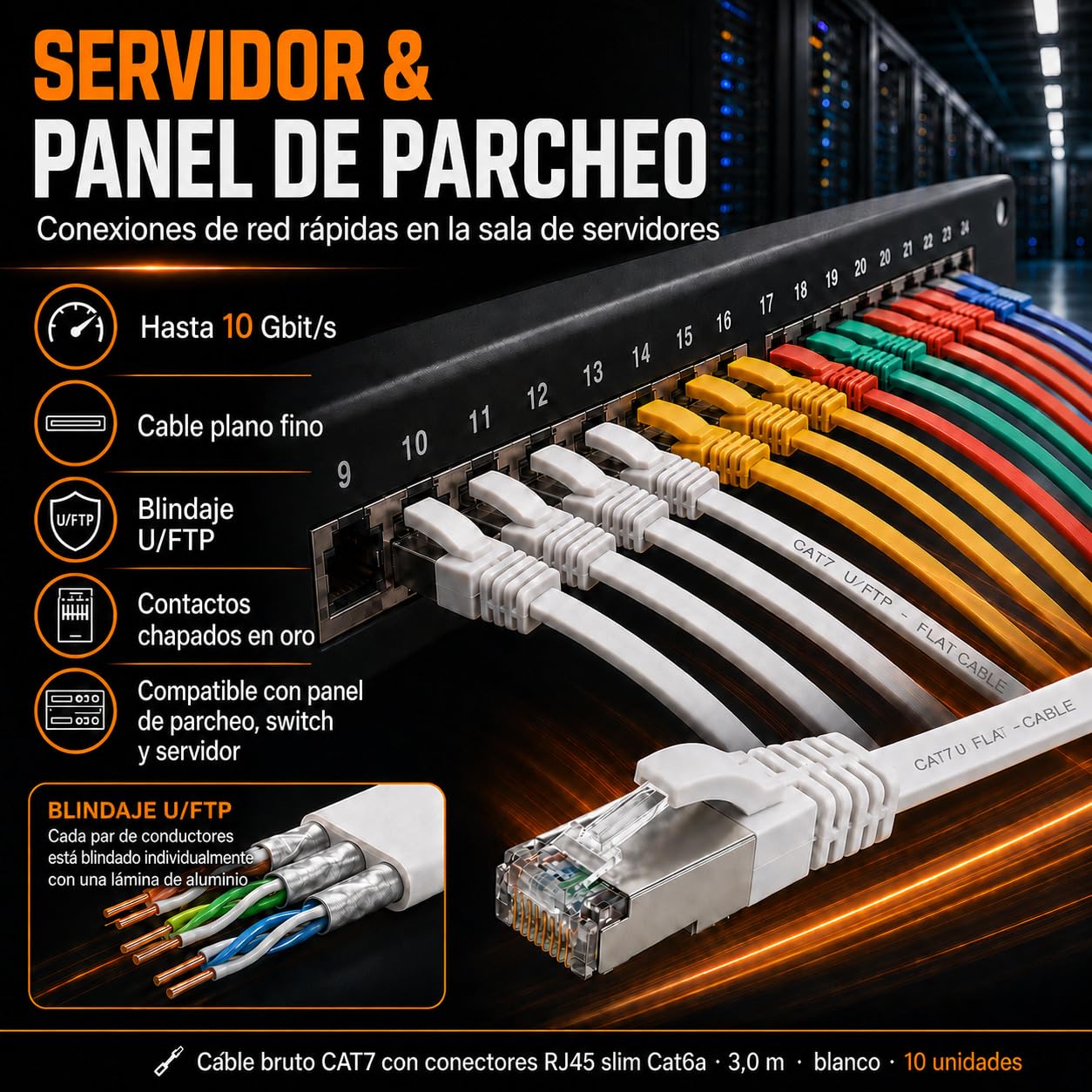 10x Cable Ethernet CAT7 plano 7,5m U/FTP 10 Gbit/s RJ45 Cat6a azul | Cable de red LAN plano y flexible, LSZH, para router, módem, switch, PC, Smart TV, consola, NAS y panel de conexiones RJ45.