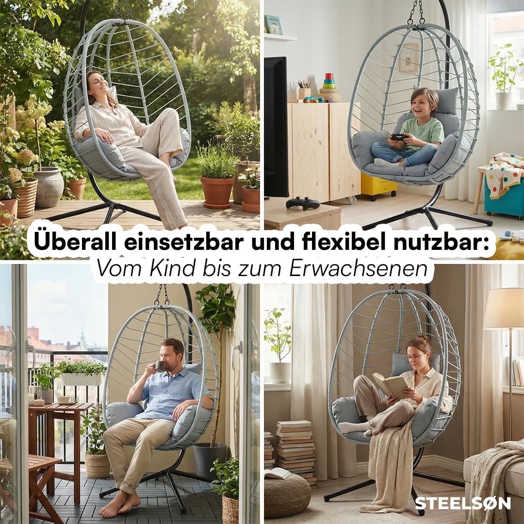 STEELSØN Alarian Hängesessel mit Gestell – Hängestuhl Rattan Outdoor & Indoor mit Kissen – Hängekorb Grau höhenverstellbar – Gartenschaukel für Erwachsene & Kinder – Hanging Chair faltbar bis 150kg