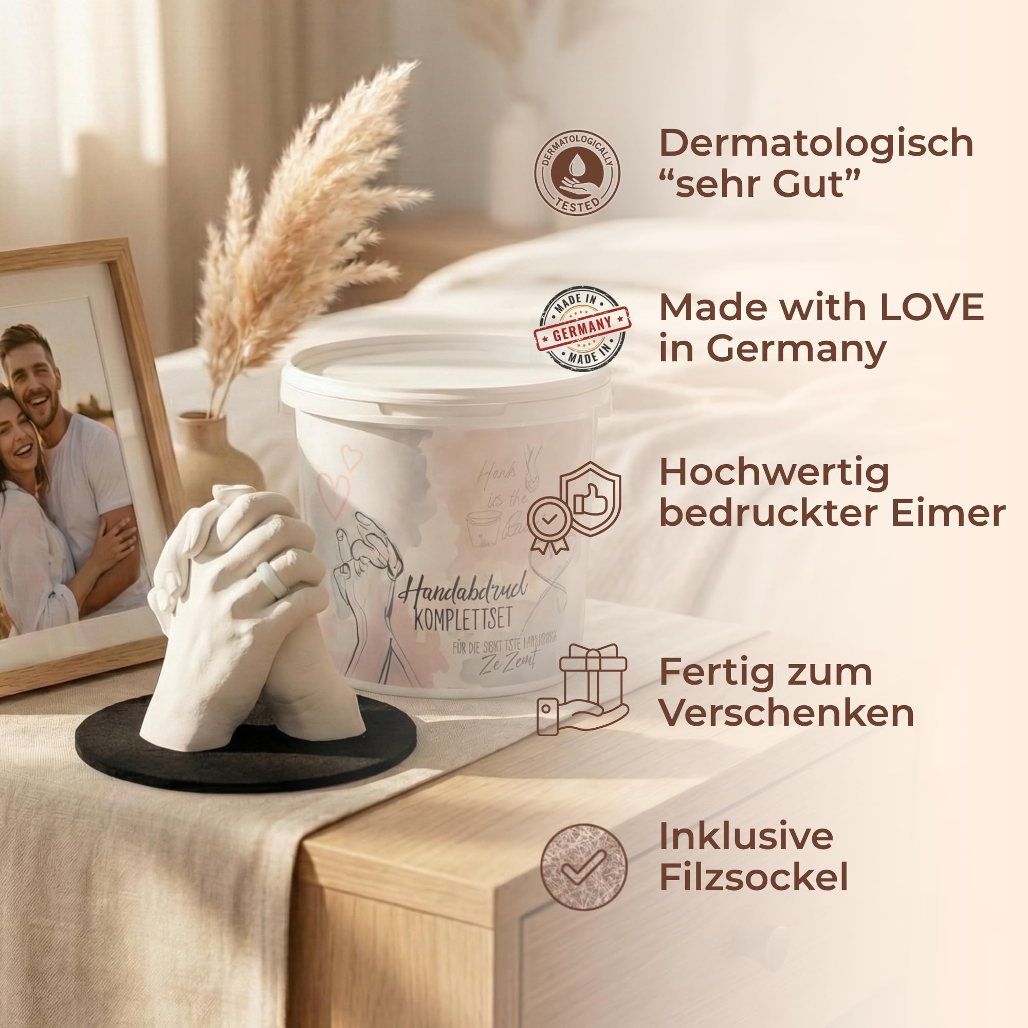 3D Handabdruck Set für Paare Made in Germany mit Sockel Gipsabdruckset Hände Jahrestag Geschenk für Ihn, Pärchen Geschenke Gips Geschenk für Sie