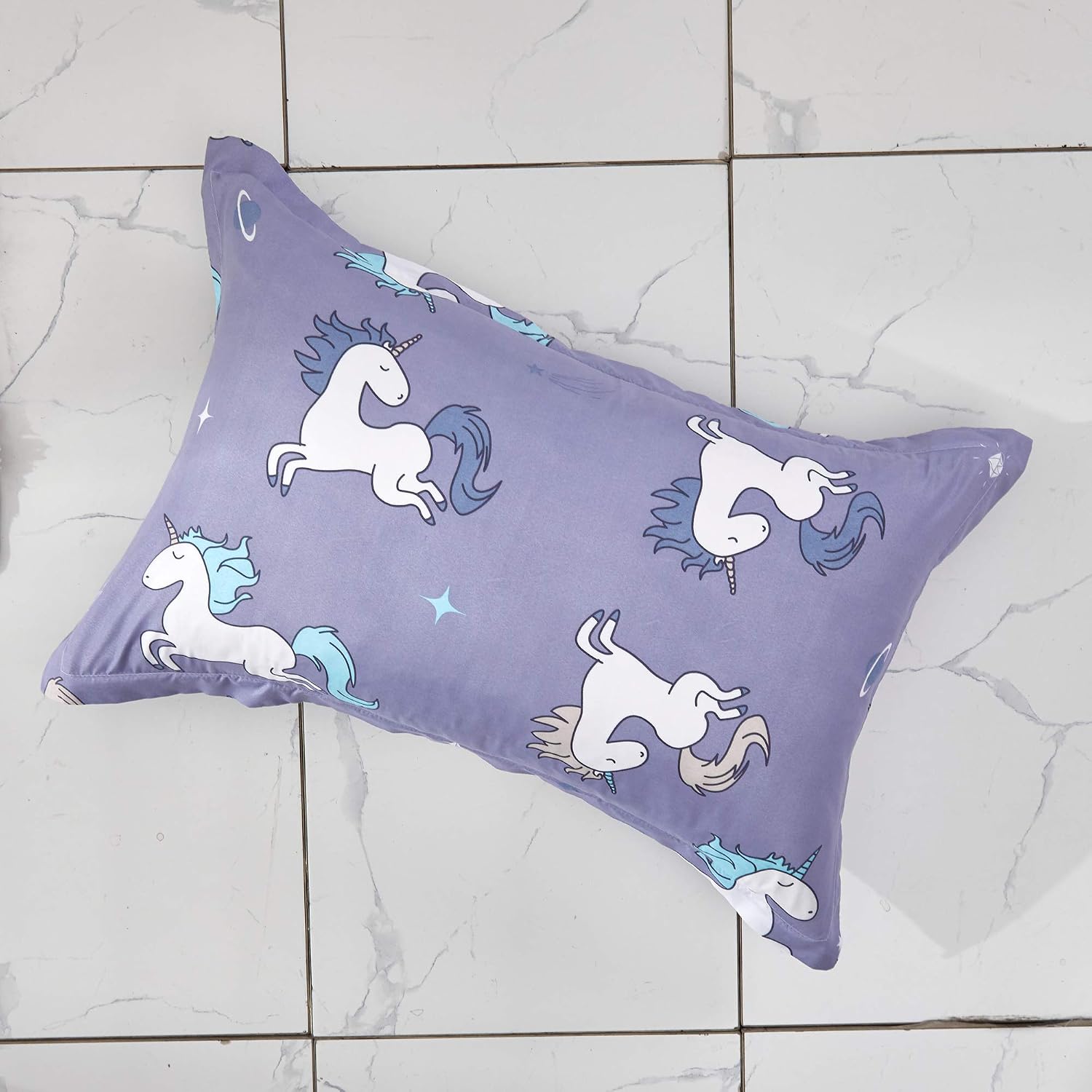 UOZZI BEDDING 3 Pieces Microfiber Toddler Sheet Set Blue-Gray (a Little Purple) Unicorn Style with Fitted Sheet, Flat Sheet and Envelope Pillowcase, Soft Skin-Friendly and Design