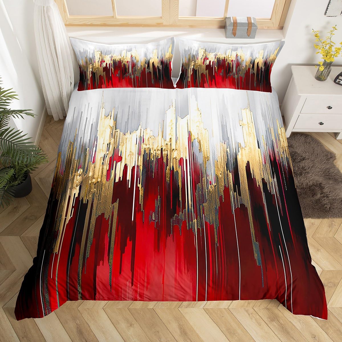 Homewish Burgundy Comforter Cover Graffiti Ombre Bed Set, Brush Strokes Oil Painting Duvet Cover Modern Contemporary Bedding Set Double, Gold Metallic Abstract Gradient Bedspread Cover 3pcs