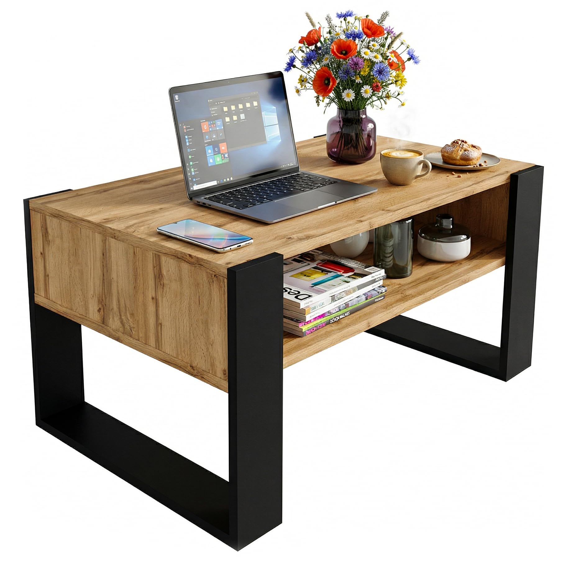 CraftPAK Mesa de Centro para salón de Madera, Mesa Moderna con Estante Adicional, Mesa para sofá, Color Negro
