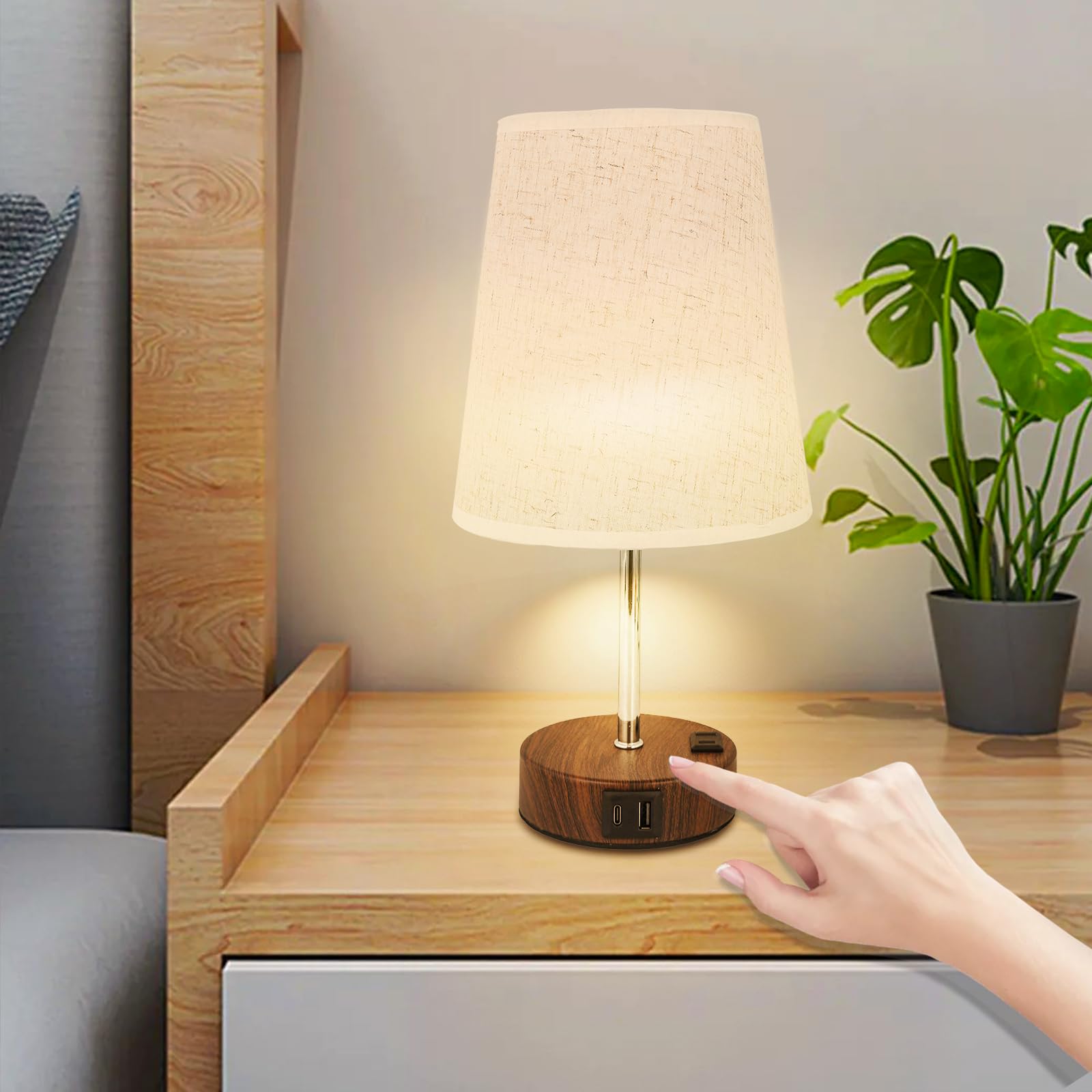 Touch Table Lamp - 3 Way Dimmable Bedside lamp with USB-C USB-A and AC Charing Ports Wood Grain Base with Trapezoidal Linen lampshade Free E26 Bulb Included (Cherry Wood Grain)