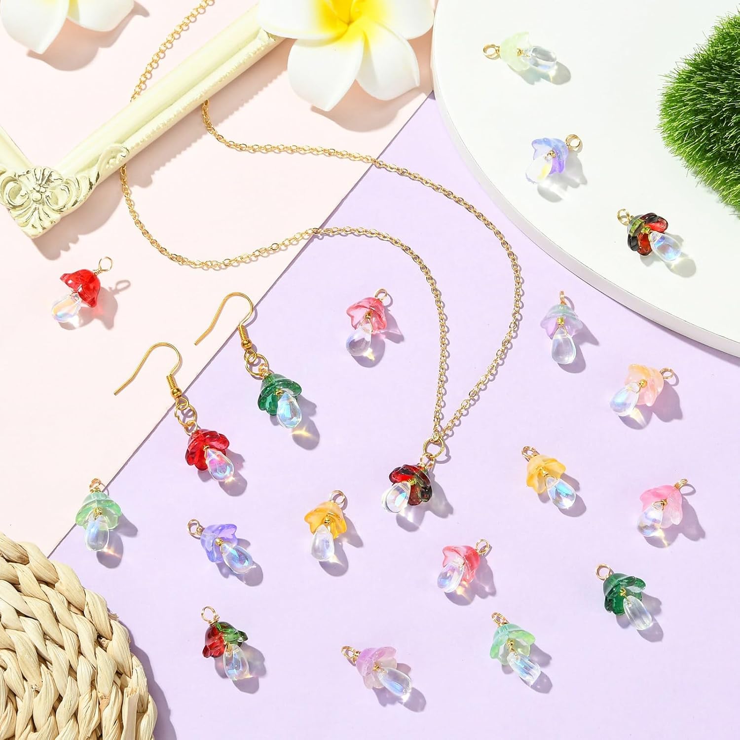 KitBeads 60Pcs 15 Styles Glass Mushroom Charms Flower Bead Cap Teardrop Dangle Food Charms for Jewelry Making Bracelets Necklaces Crafts Bulk - Image 6