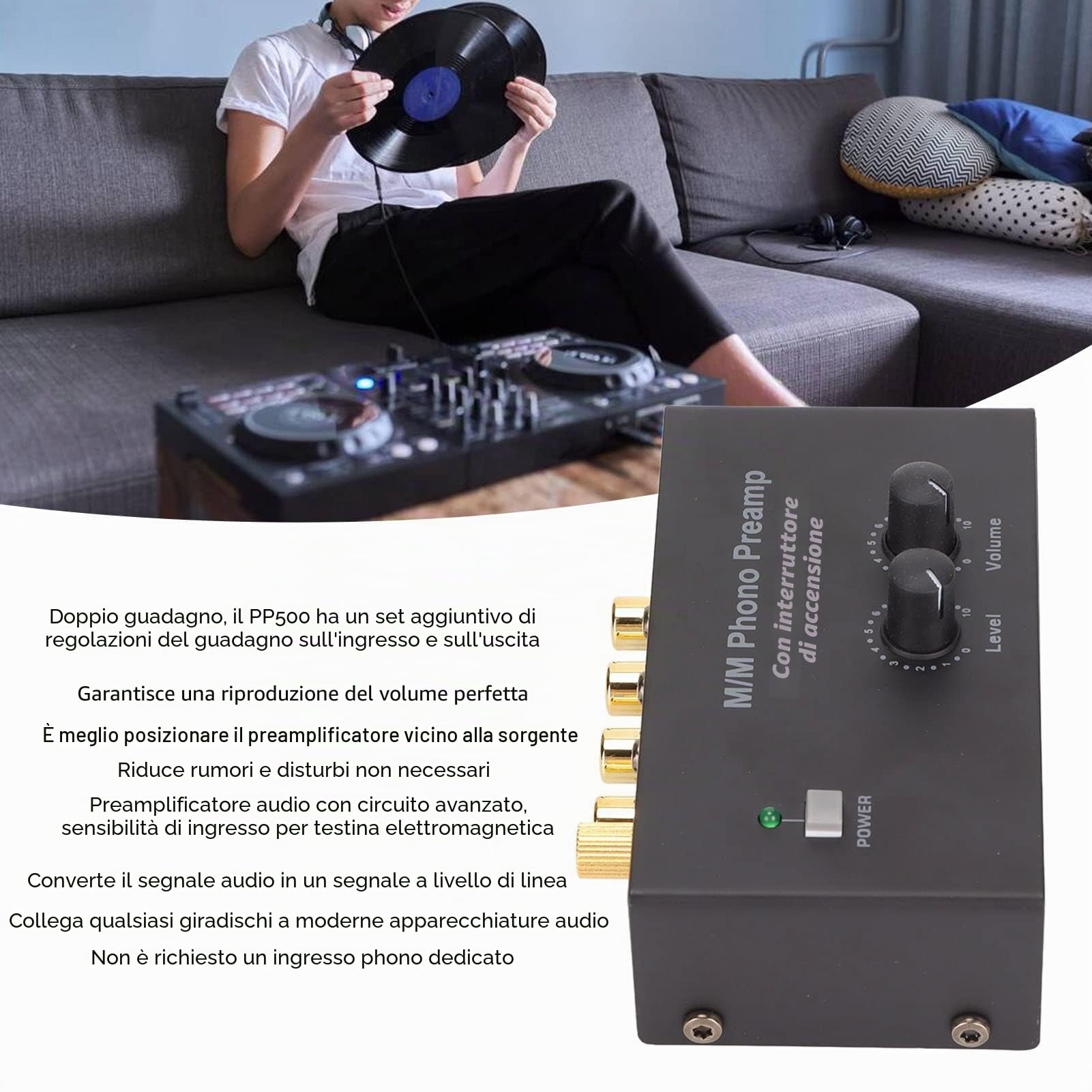 Preamplificatore Fono per Giradischi PP500P, Mini Preamplificatore Fonografo Stereo Elettronico, Uscita Ingresso , Preamplificatore per Giradischi Giradischi