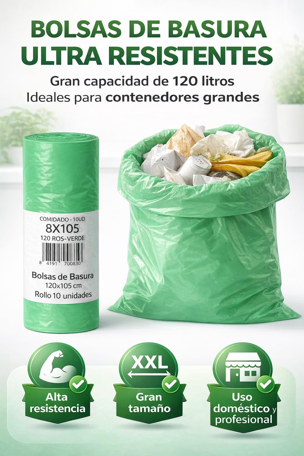 Bolsas de Basura Verdes 120L (85x105 cm) – Rollo de 10 Bolsas Resistentes | Bolsas Industriales para Contenedor Grande | Uso Doméstico y Profesional | Pack de 15, 30 o 60 Rollos (30)