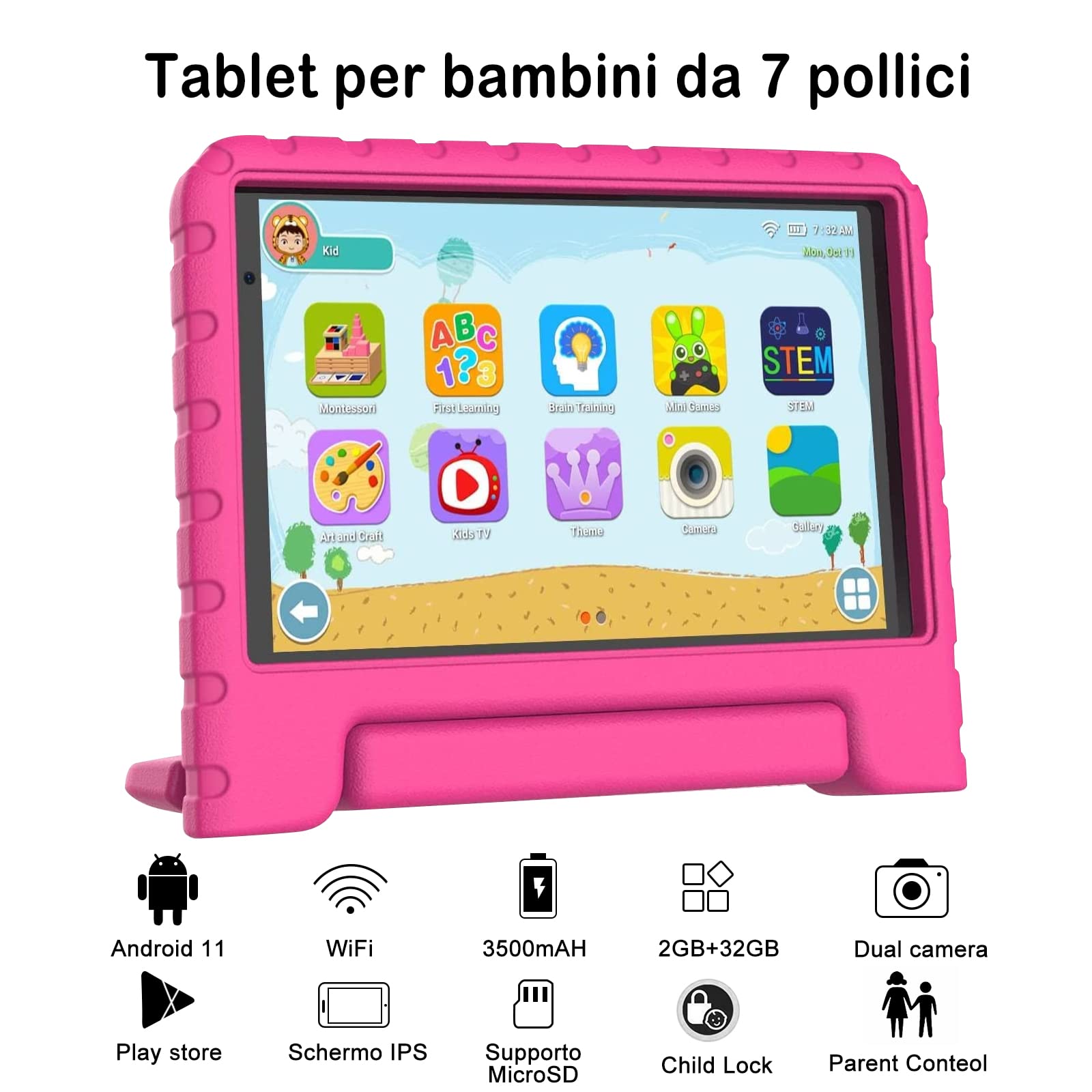 JUSYEA Tablet Niños 32GB ROM 7" FHD Android 11 Pad WiFi 6 Play Store Cámara Doble Seguridad Infantil Eva Funda Protectora - Rosa