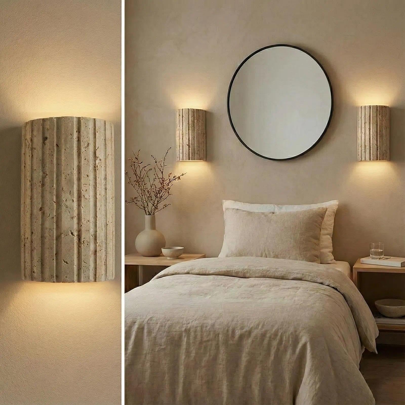 SMCCYYSD Wall Lamp, Yellow Travertine Sconce for Bedroom & Living Room, Indoor Light with Soft Warm LED Uplighting, Nordic Japanese Style Stone Mounted Lamp (2PC)