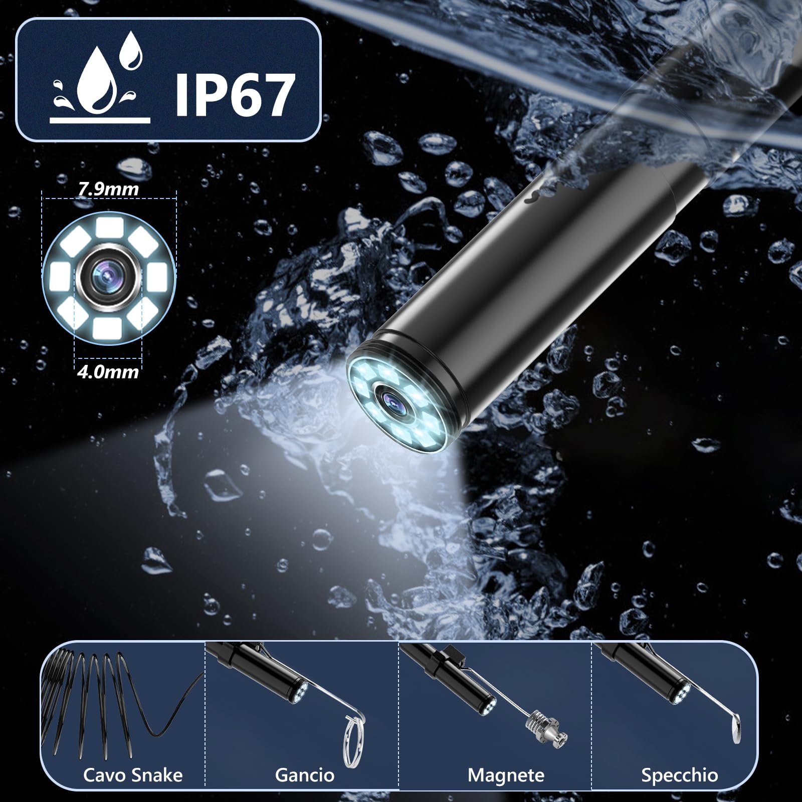 Telecamera di ispezione endoscopica, endoscopio rigido flessibile 1920P, periscopio a 8 LED, telecamera di ispezione USB No WiFi, telecamere di scarico del tubo impermeabile IP67, per Android
