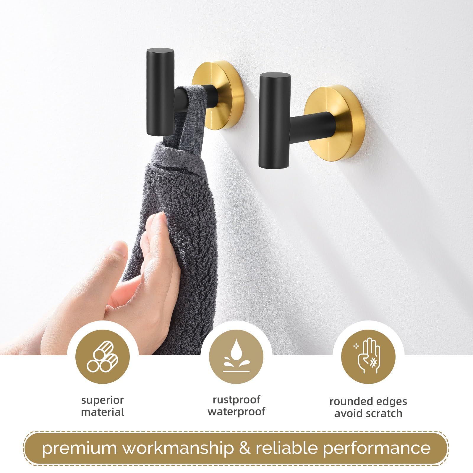 Angle Simple Gancho de toalla negro y dorado, 2 piezas, soporte de bata de baño de acero inoxidable, colgador redondo para toallas de mano, montado en la pared