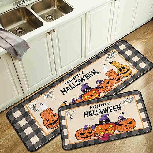 Miniatura 3 de Juego de 2 alfombras de cocina con calabaza de Halloween, lavables, antideslizantes, para decoración de cocina del hogar, fregadero, oficina,