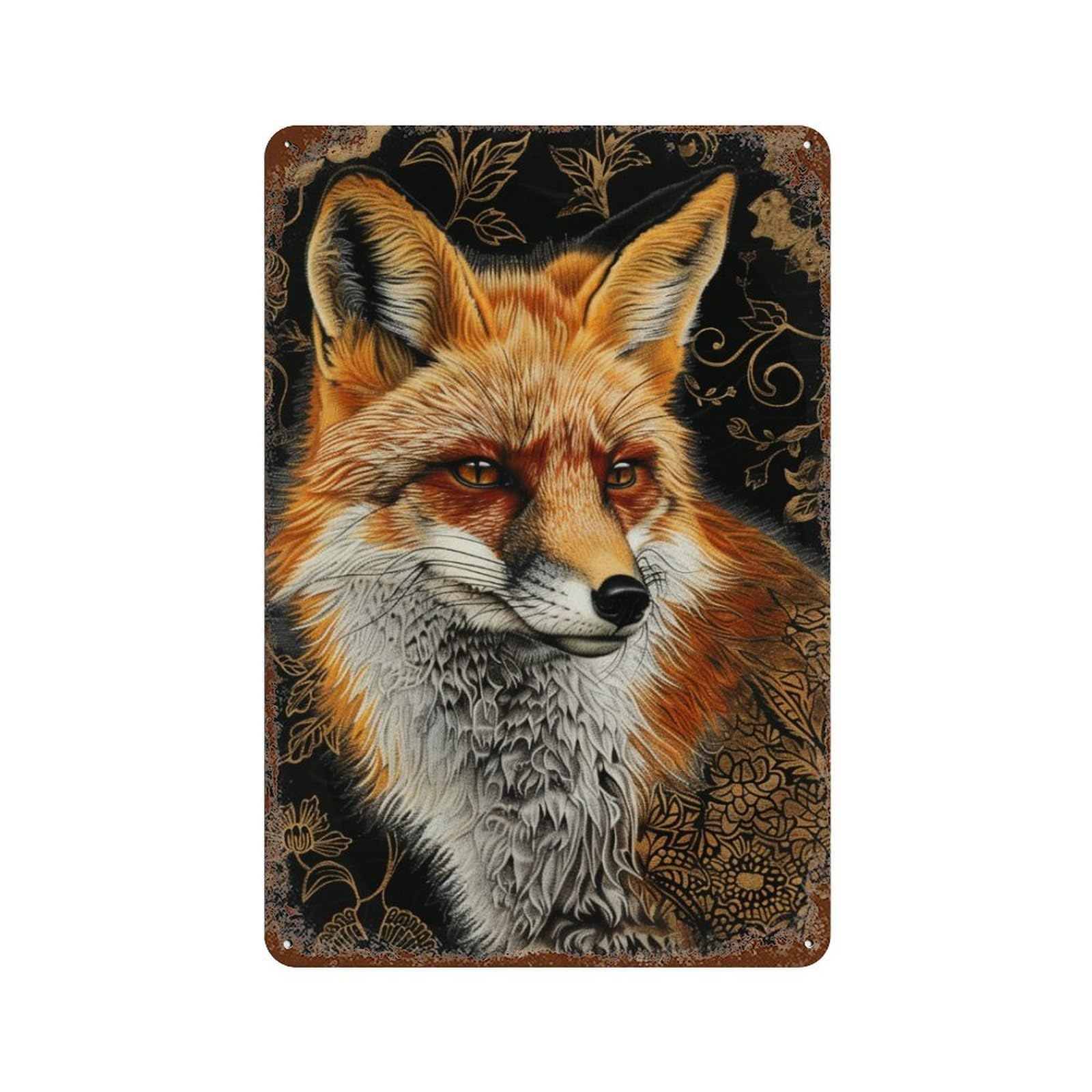 Rustic Tin Plaque Gilded Fox Art Print 11.8"x7.9", Vintage Wall Decor for Pub, Kitchen And Man Cave Decor