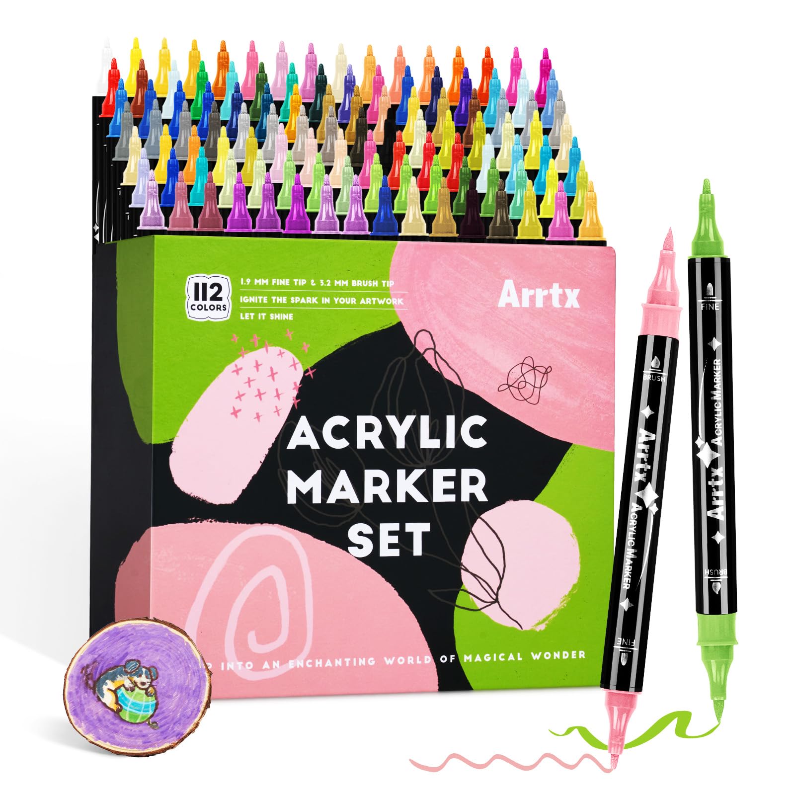 Arrtx Rotuladores de pintura, 112 colores de pintura acrílica de doble punta para pintura de roca, cerámica, madera, plástico, álbumes de recortes, letras con pincel, fabricación de tarjetas
