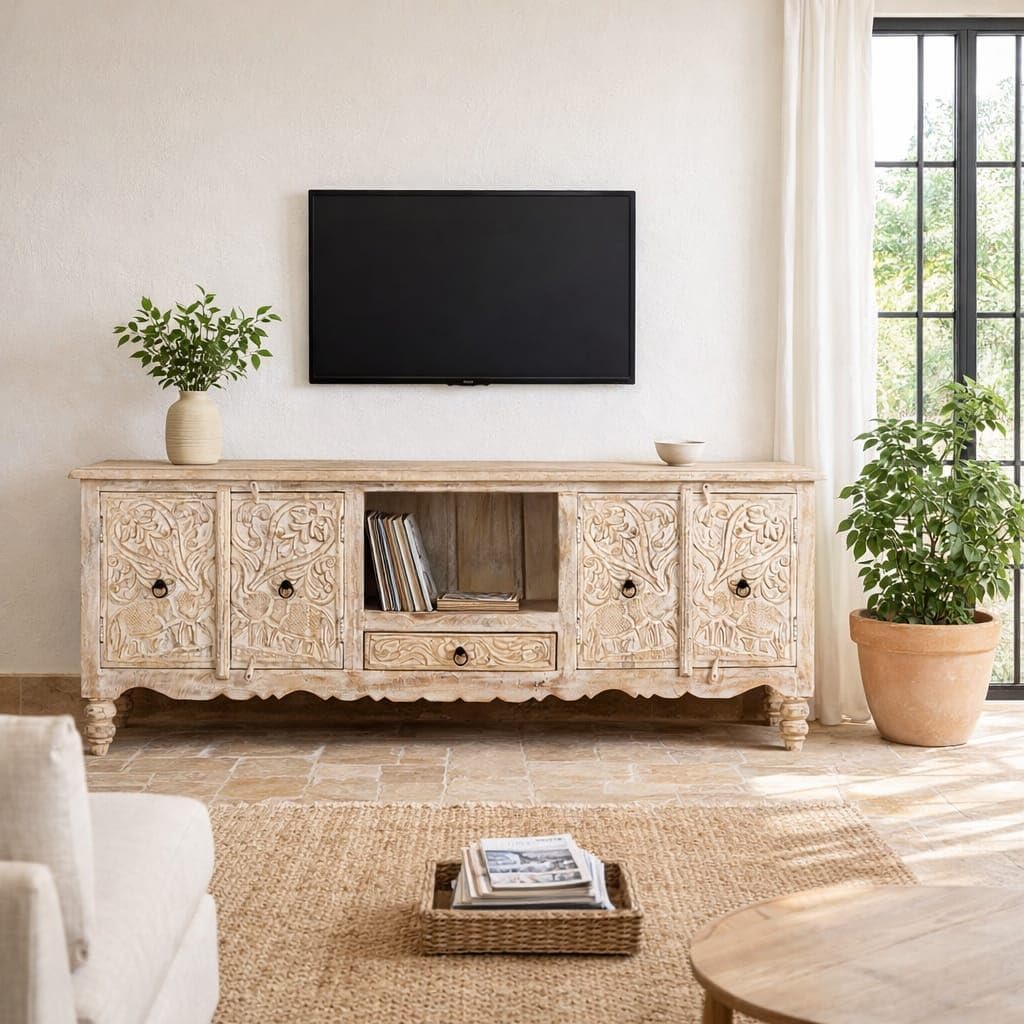 Solid Sheesham Wooden TV Entertainment Unit Console Table for Livingroom Bedroom & Hollway |Rustic Antique Cabinet with Storage Drawers and Shelves for Home Decor.-image-13