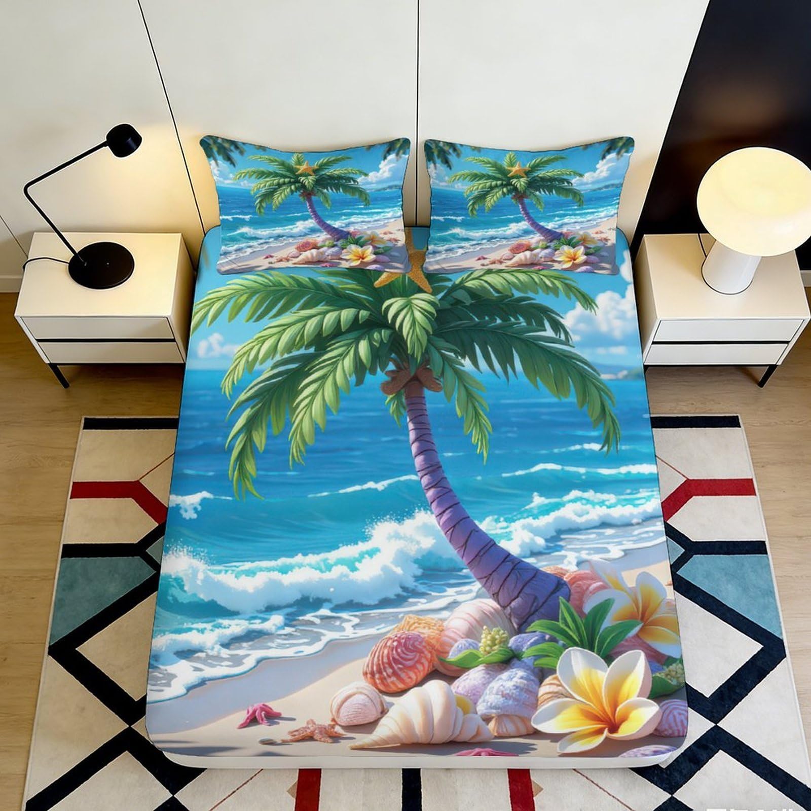 3D Printed Tropical Beach Palm Tree Fitted Sheet Microfiber Soft Durable Ocean Wave Bed Cover for Bedroom Dormitory Guest Room Mattress Protection 90x200x25cm