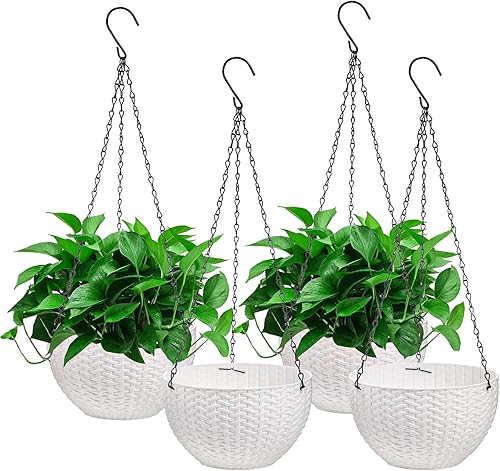Foraineam Paquete de 4 macetas colgantes de riego automático de 8.2 pulgadas, maceta de jardín para plantas, maceta colgante con escurridor y cadena