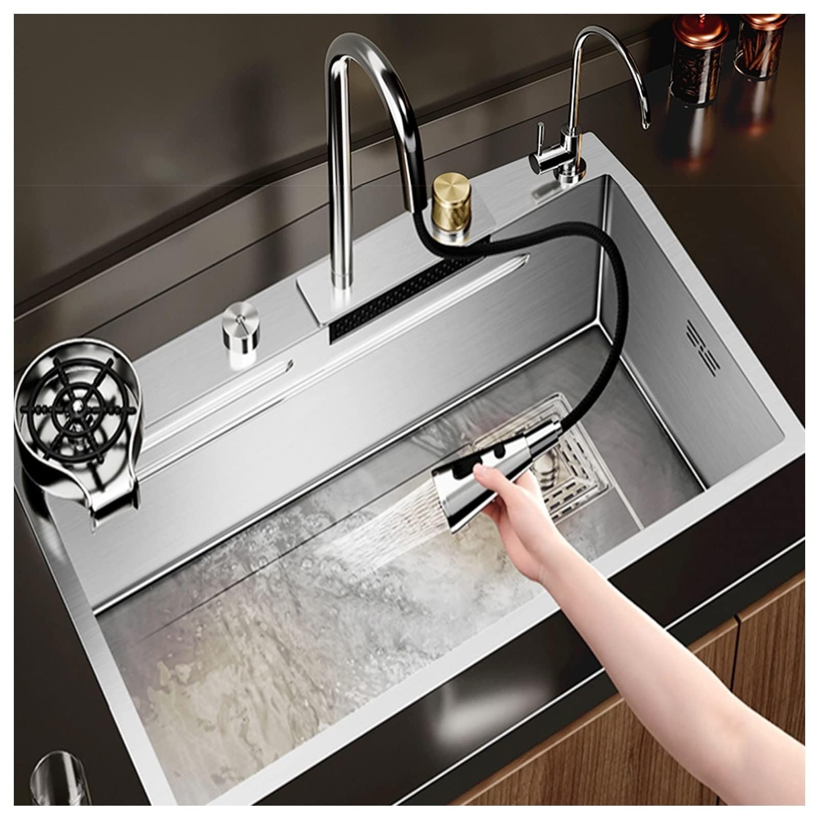 SDdPulse Premium 304 Stainless Steel Waterfall Kitchen Sink - Single Bowl Utility Sink with Cup Washer for Restaurants, Bars and Home Kitchens, Four Faucets