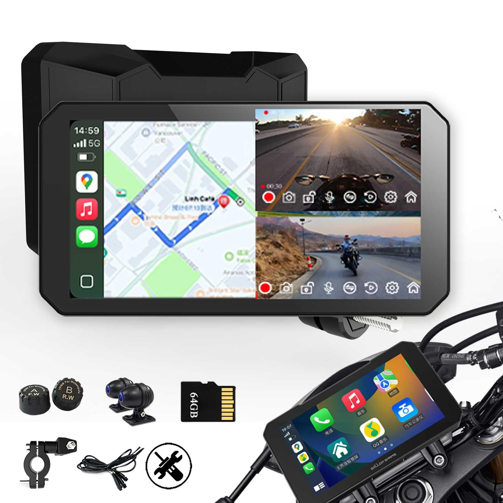 6“ motorcycle dash cam with hd camera, wireless blueteeth for carplay/android auto,tire pressure monitoring system,ip67 waterproof gps navigation display handlebar mount