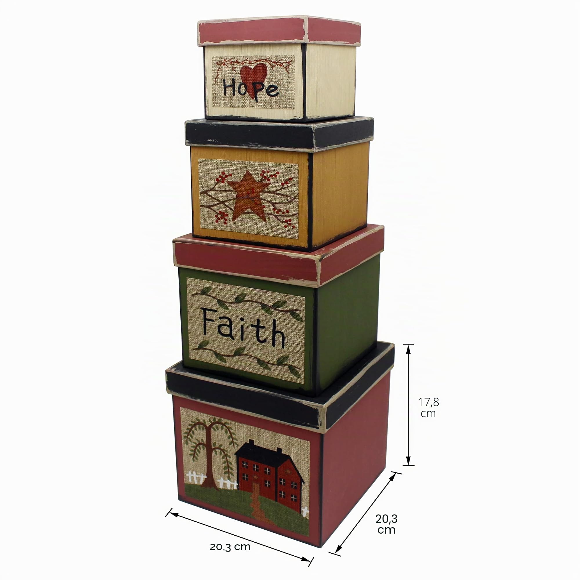 CVHOMEDECO. Square Primitives Vintage Hope Faith Star House - Cajas nido de cartón coleccionables, juego de 4. (8 x 8 x 7 pulgadas de alto)