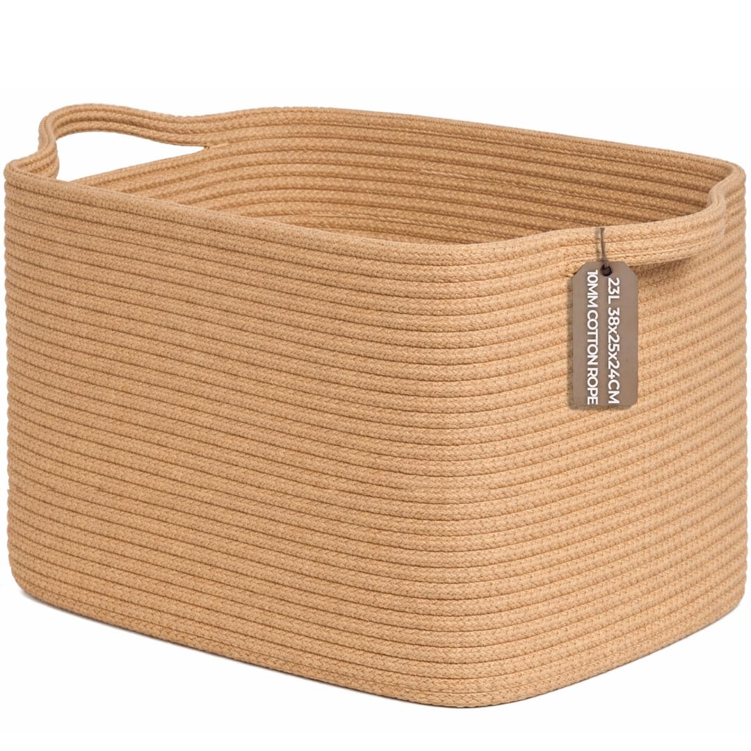 Bermondsey Division Cotton Rope Storage Basket with Handles 23L β Decorative Woven Organiser for Living Room, Bedroom, Bathroom & Nursery β Honey (38 x 25 x 25 cm)