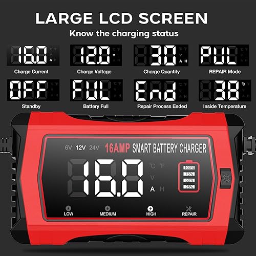 Miniatura 3 de YHCHKJ Cargador de batería de automóvil, desulfador de cargador de goteo totalmente automático de 12 V, 10 A y 24 V, mantenedor de batería LCD