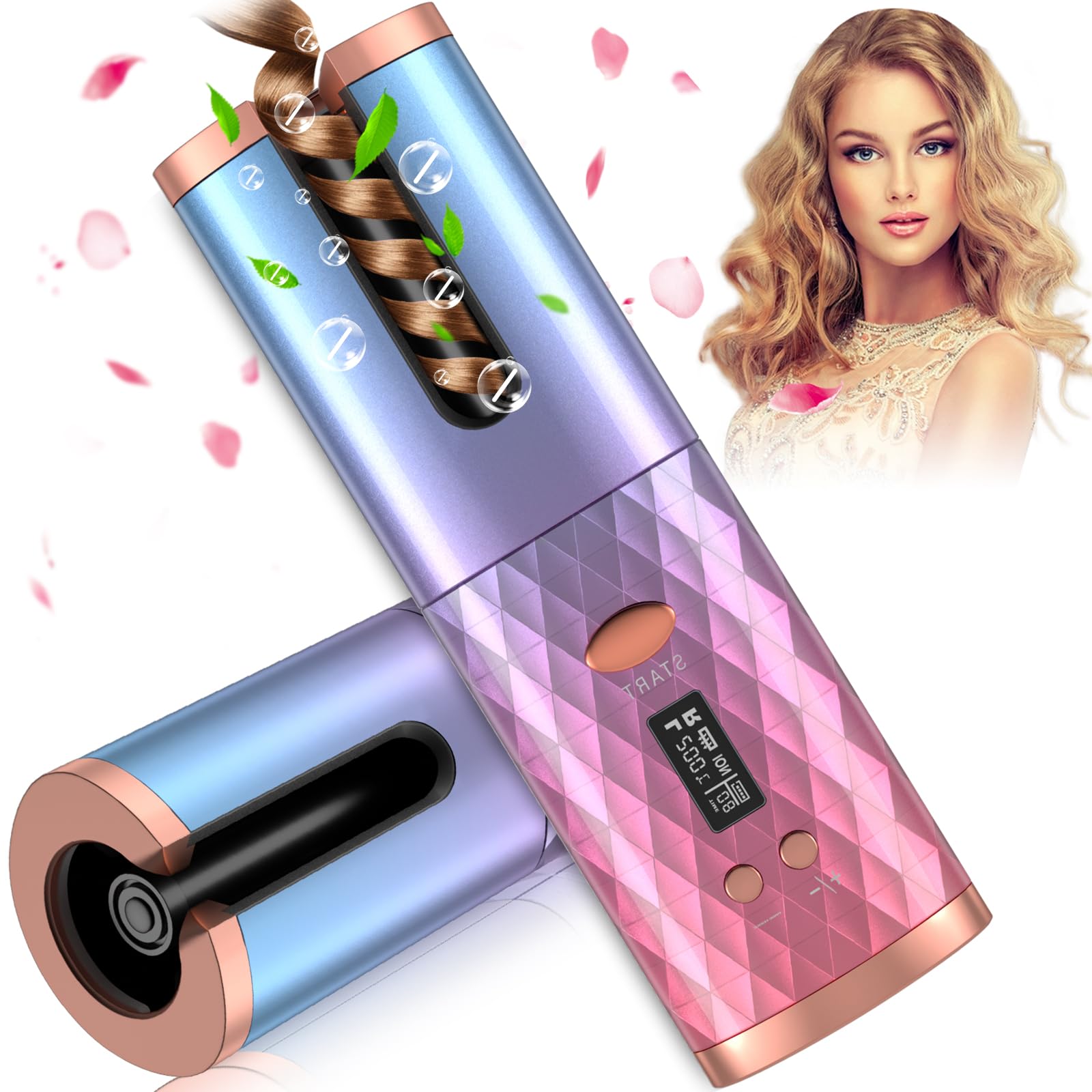 Automatic Curling Iron, Cordless Auto Hair Curler with 6 Temps & Timers, Rechargeable Ceramic Barrel Hair Curlers, Portable Rotating Curling Wave Wand Styling Tool, Auto Shut Off