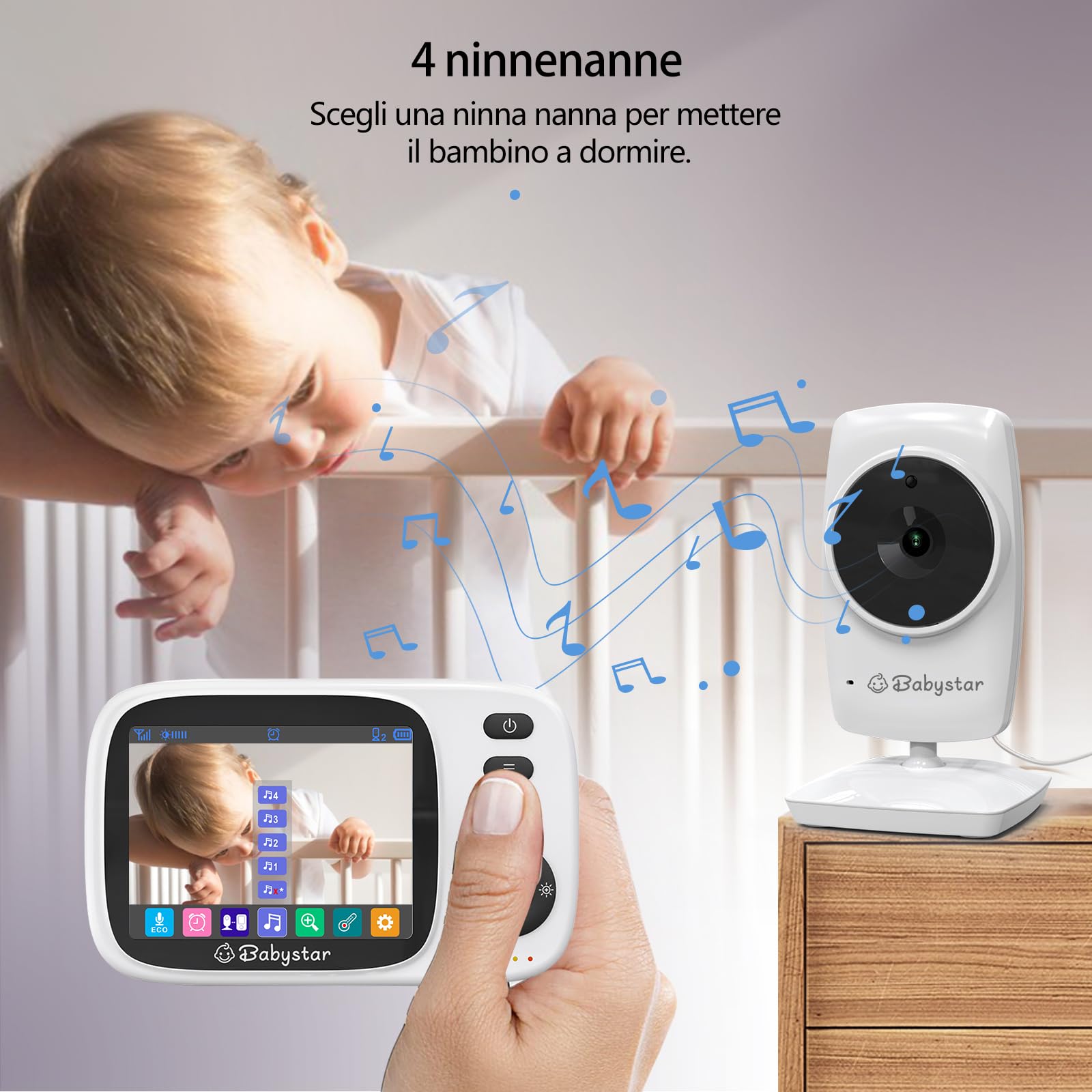 Babystar Babyphone con fotocamera Baby Monitor, schermo da 3,2 pollici, baby fone senza Wi-Fi, audio a 2 vie, batteria da 2100 mAh, 4 ninne, modalità VOX, visione notturna, sensore di temperatura