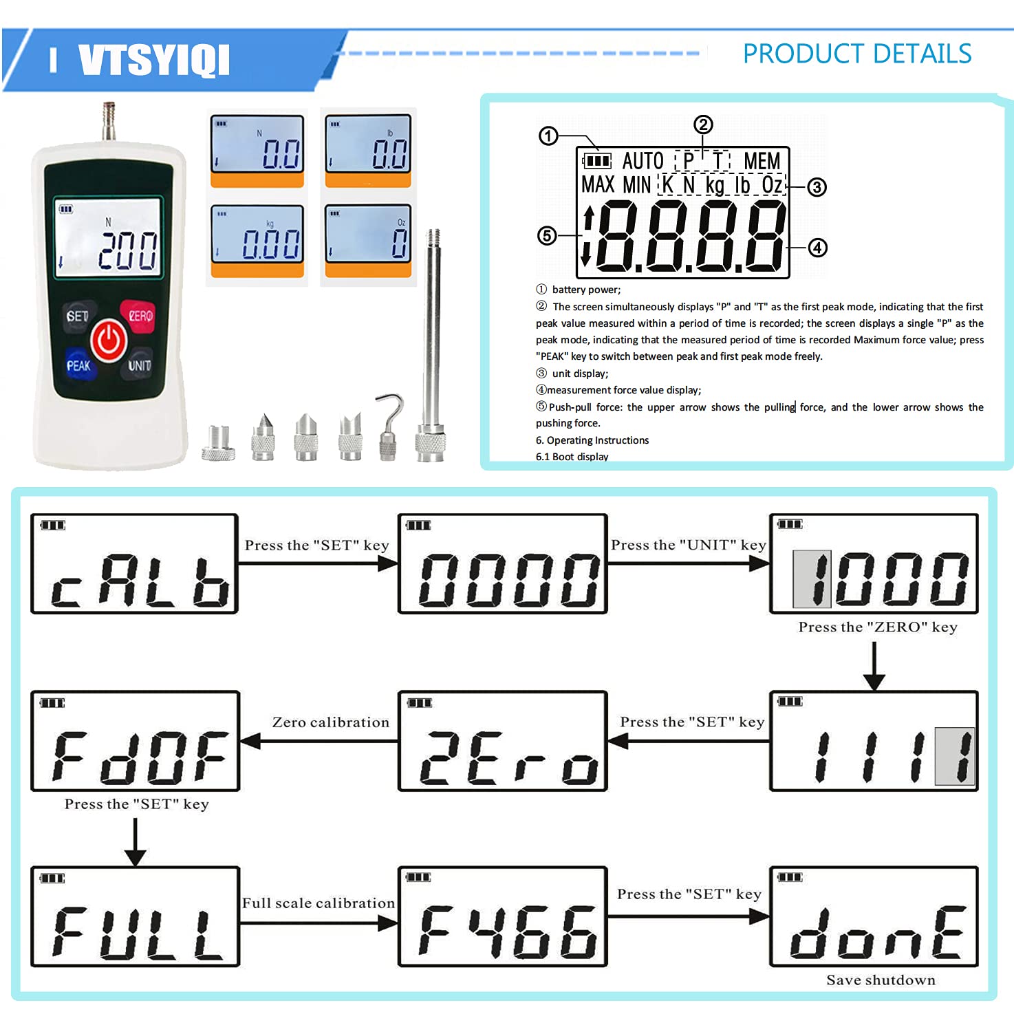 Force Gauge Digital Push Pull Gauge Dynamometer Thrust Pressure Meter for Plug Spring Ruler Force Detection Tension and Compression Load Peak Track Mode 200N 20Kgf 45Lbf 72Oz